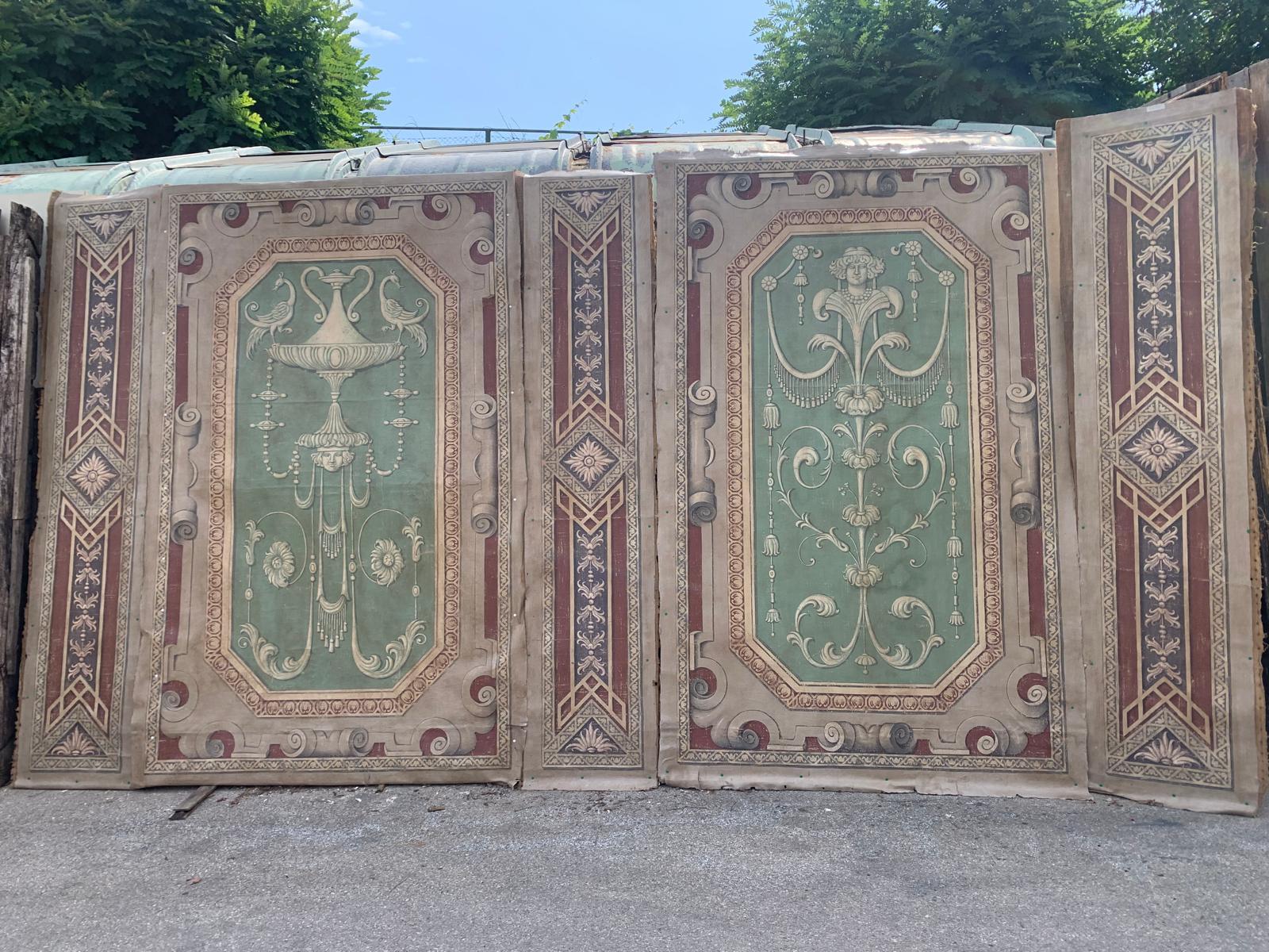 Hand-Painted Paneled boiserie, painted on canvas with grotesques, italy For Sale