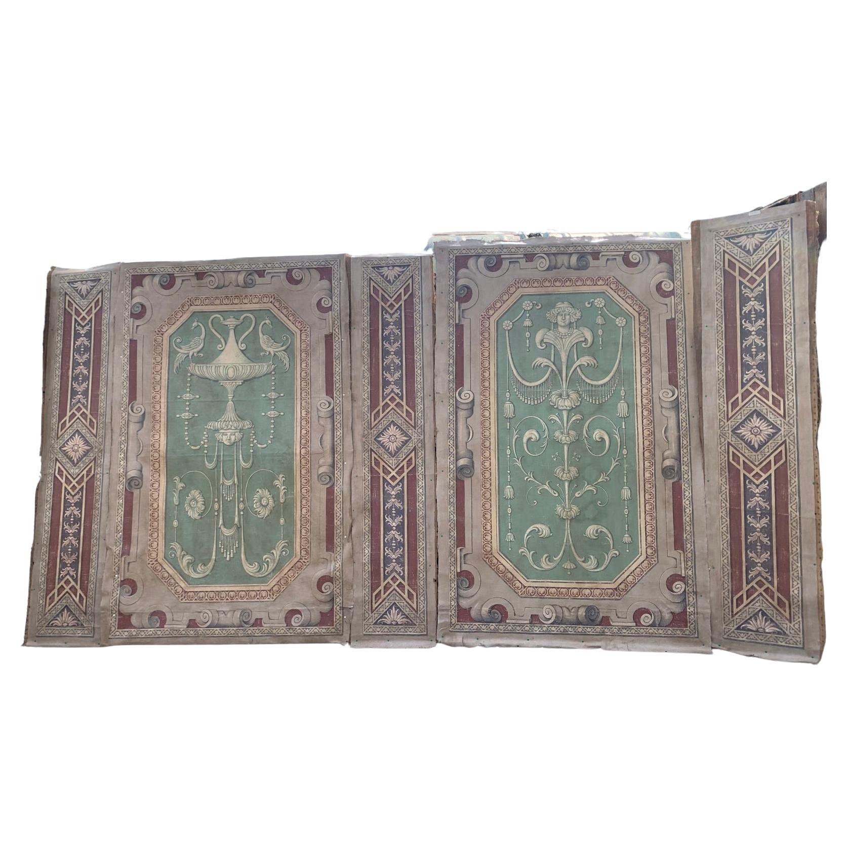 Paneled boiserie, painted on canvas with grotesques, italy For Sale