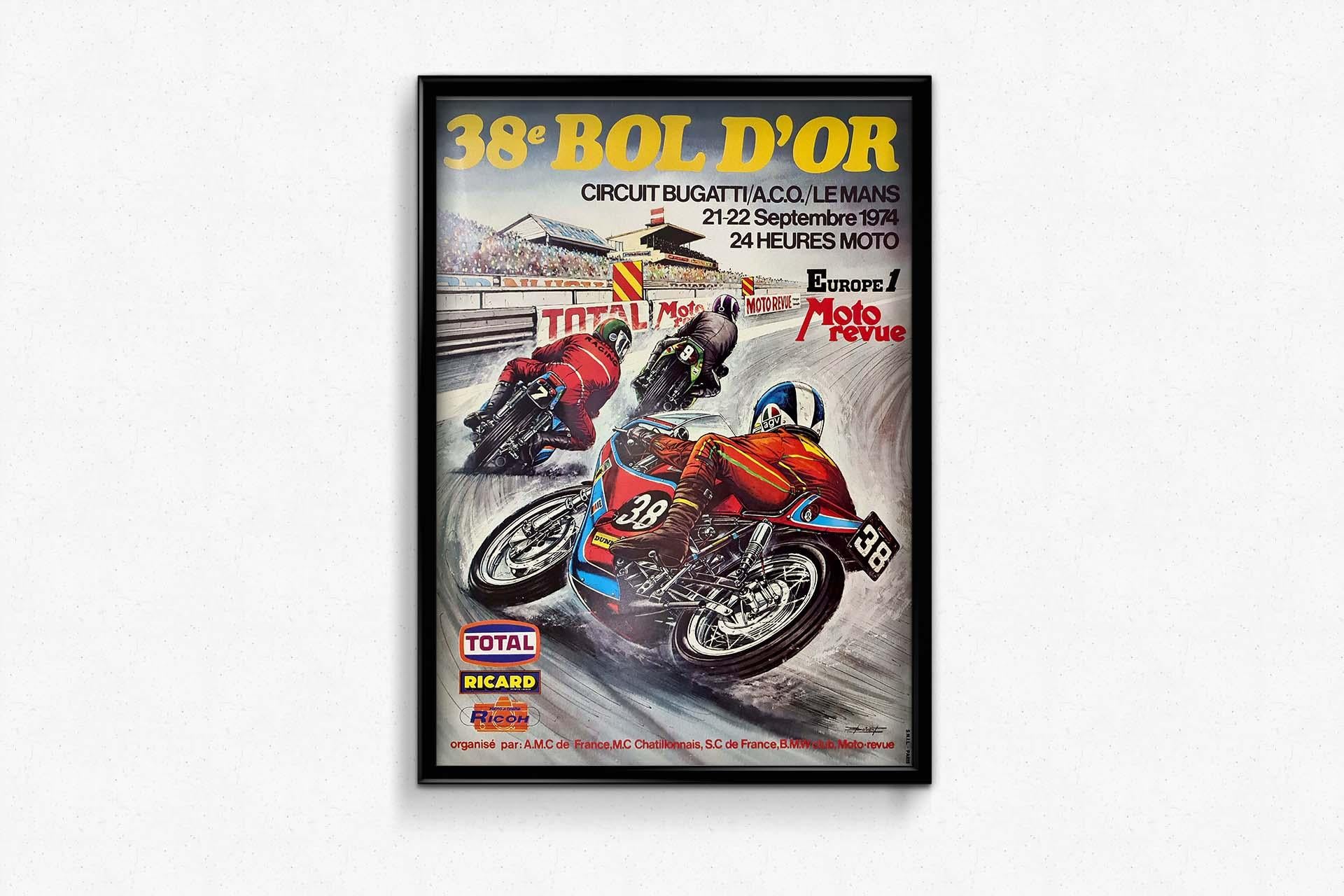 The Bol d'Or is a world-renowned endurance motorcycle race. Since its inception, this legendary competition has seen some memorable moments and impressive records. The original poster for the 38th Bol d'Or in 1974 pays tribute to this legendary