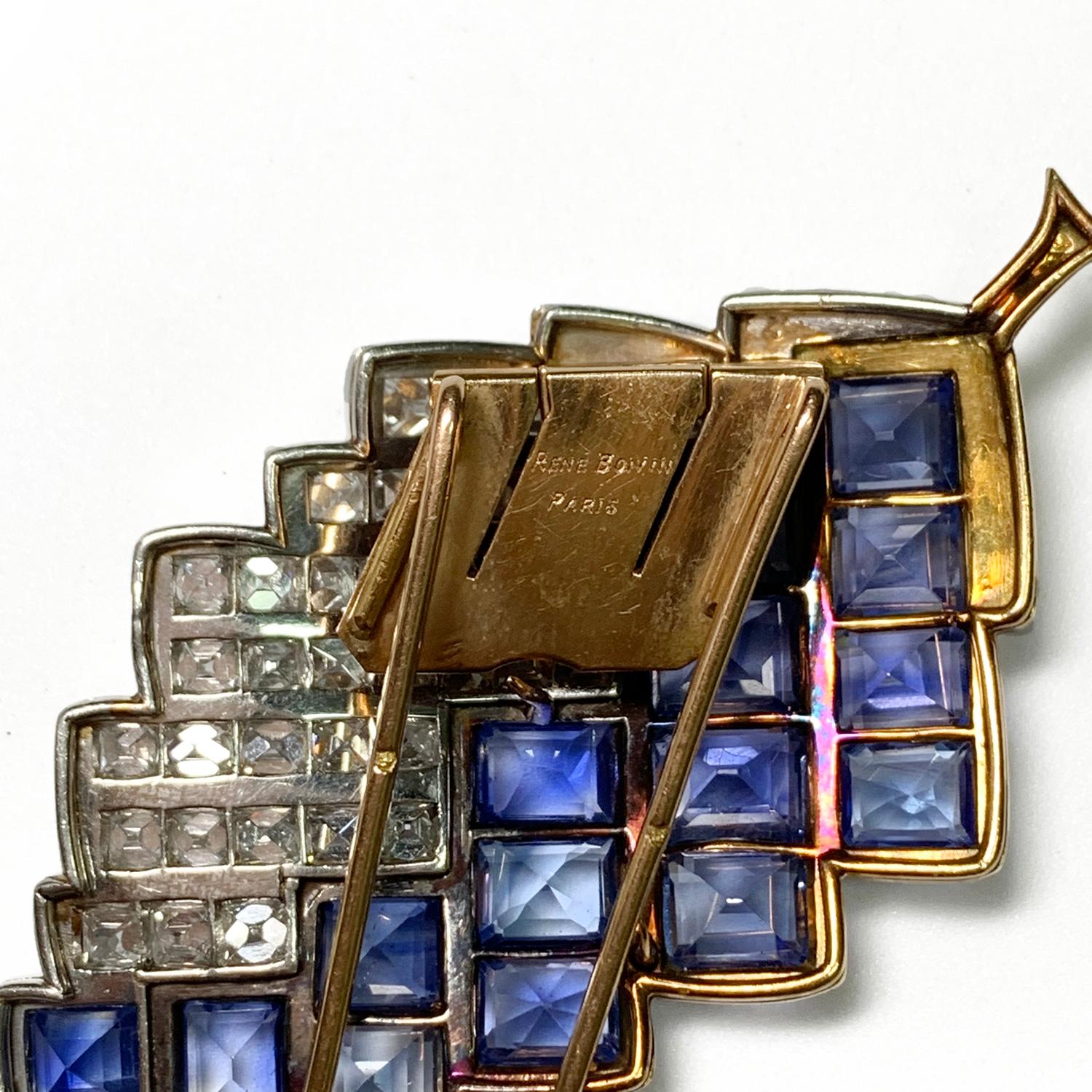 Boivin brooch Yellow Gold and Platinum Square Diamonds and Sapphires 1