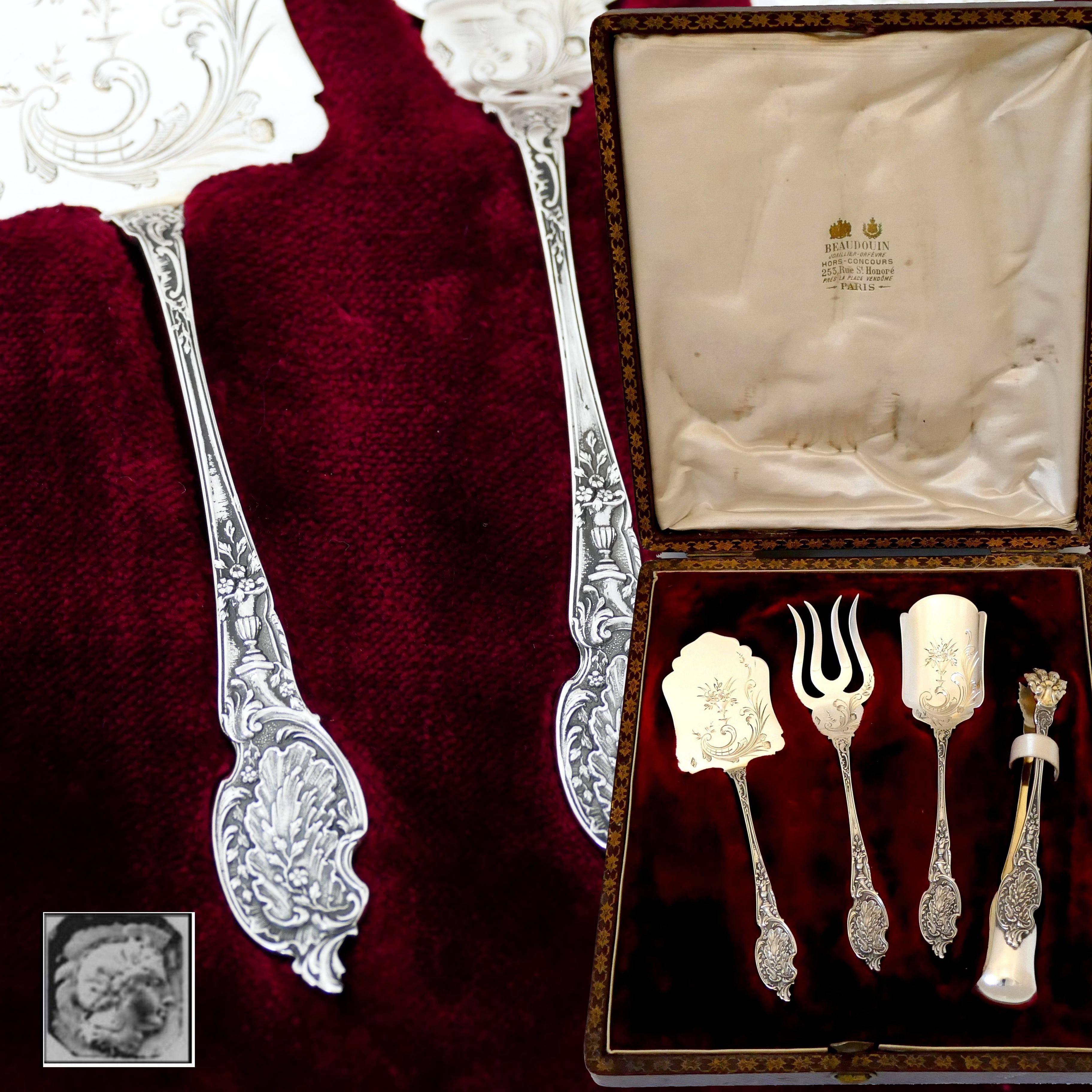 Rococo Boivin French Sterling Silver Dessert Hors D'oeuvre Set Four Pieces Original Box For Sale
