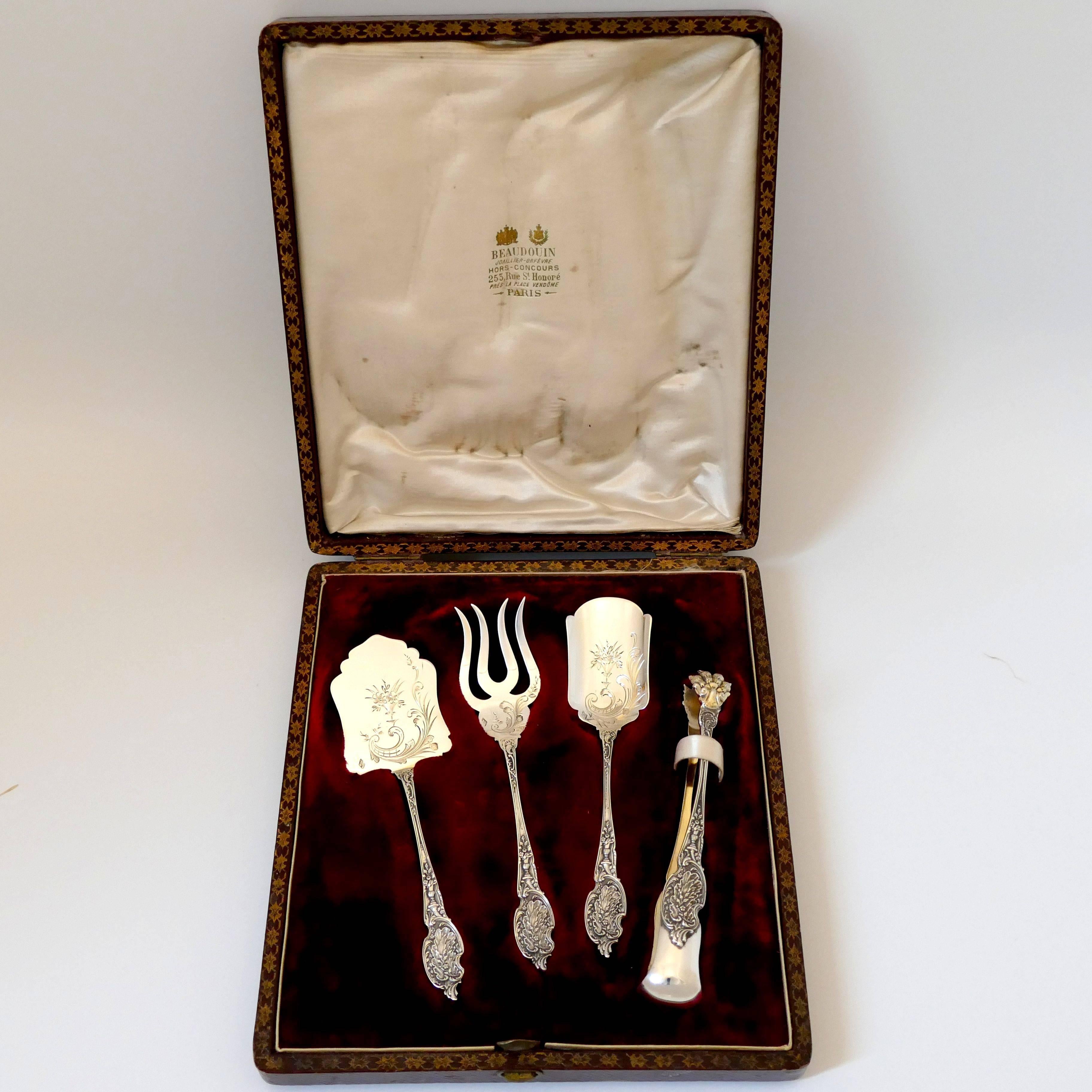 Boivin French Sterling Silver Dessert Hors D'oeuvre Set Four Pieces Original Box For Sale 2