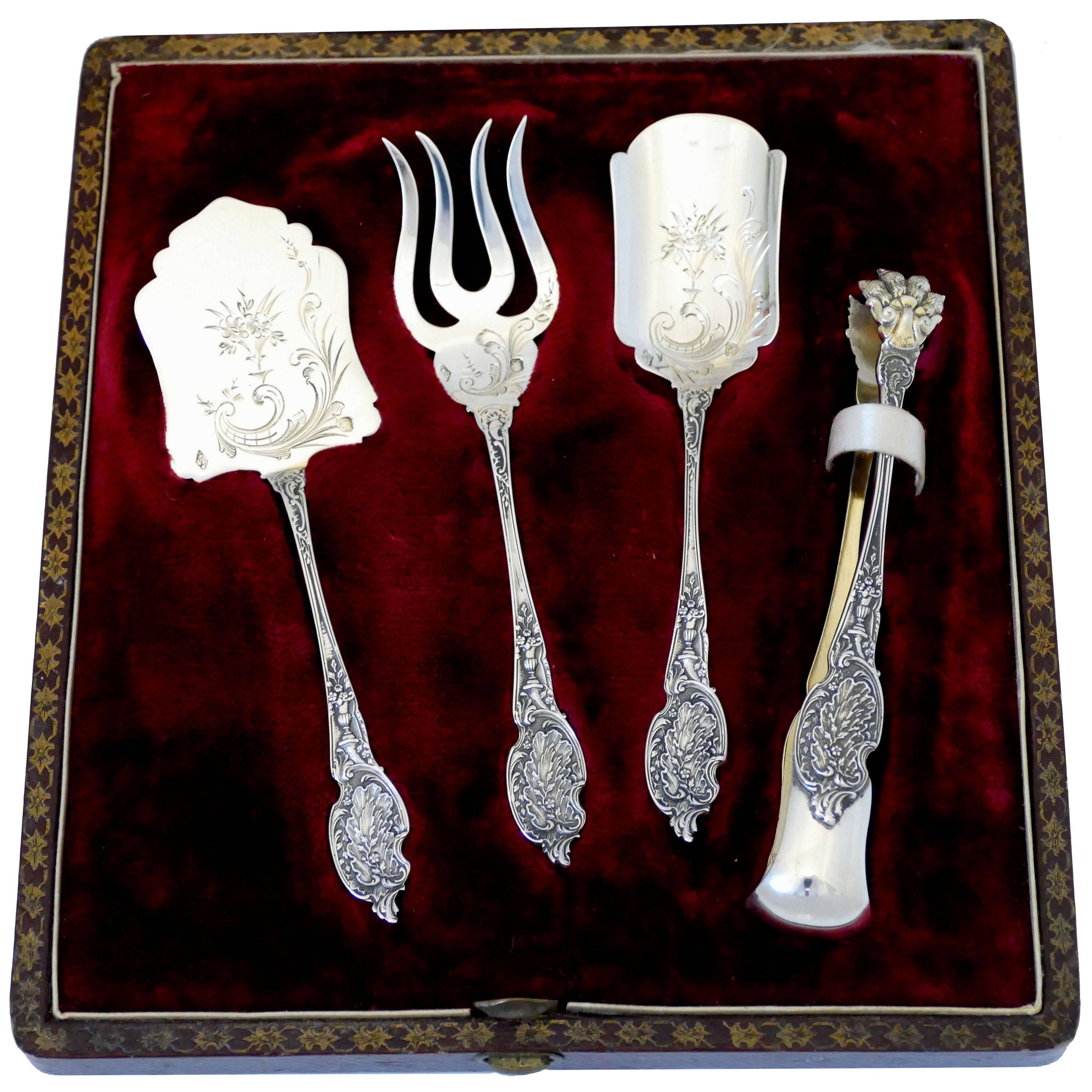 Boivin French Sterling Silver Dessert Hors D'oeuvre Set Four Pieces Original Box For Sale