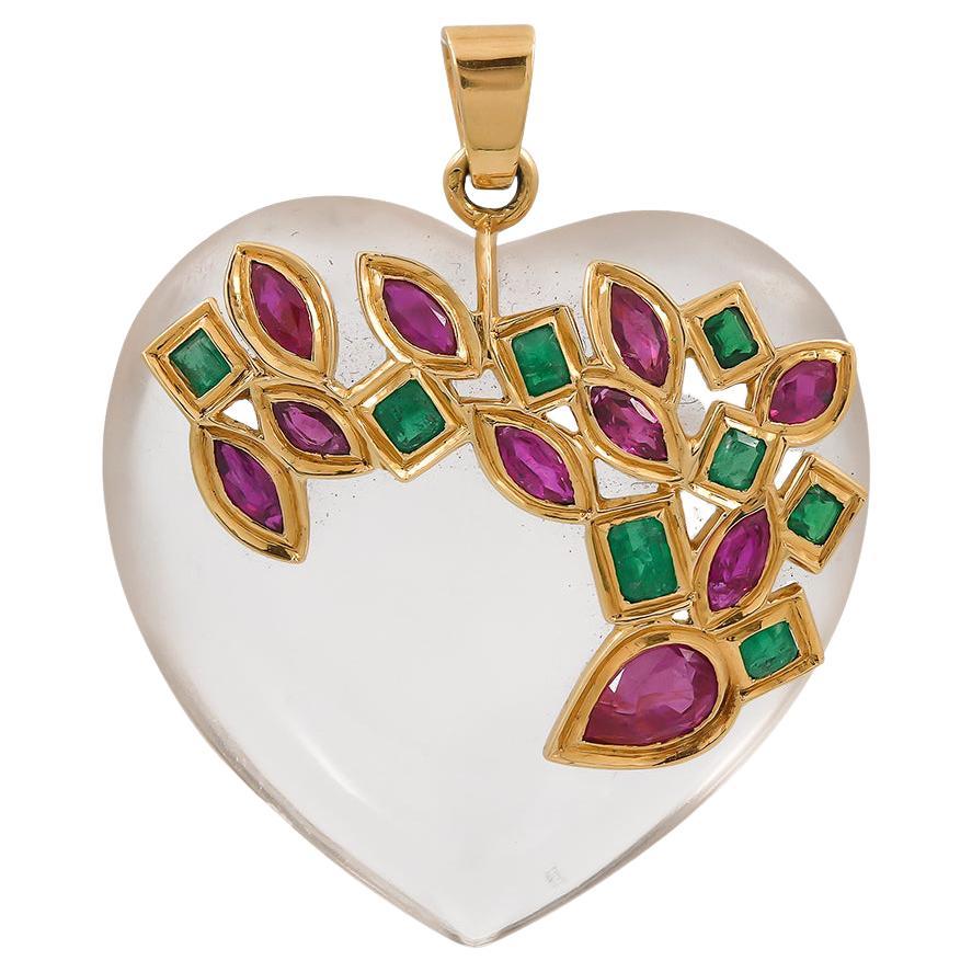 Boivin Mid-Century Rock Crystal Ruby Emerald Heart-Shaped Pendant For Sale