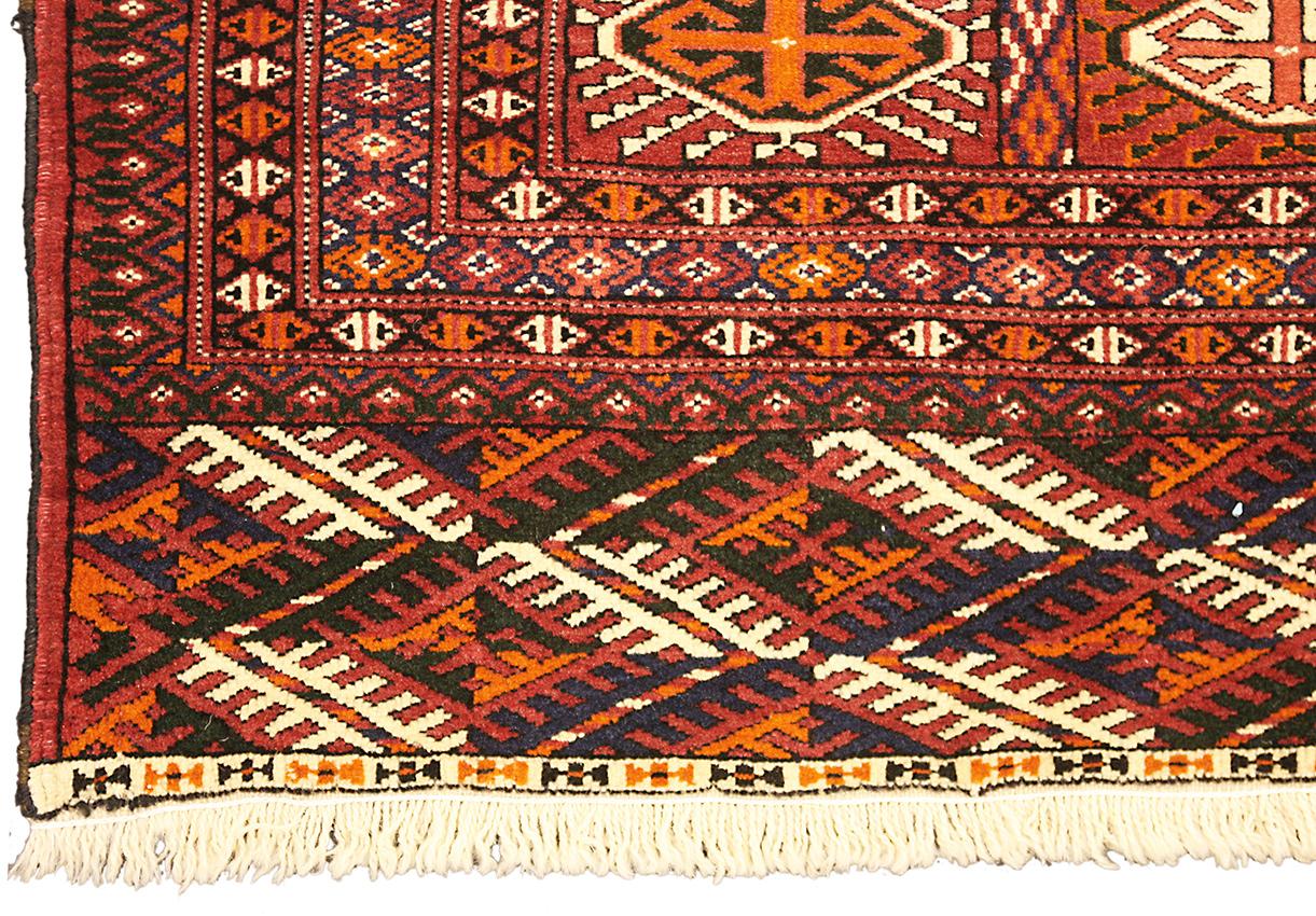 Hand-Knotted Bokhara Rug Turkmen Vintage Geometric Design (6' 11