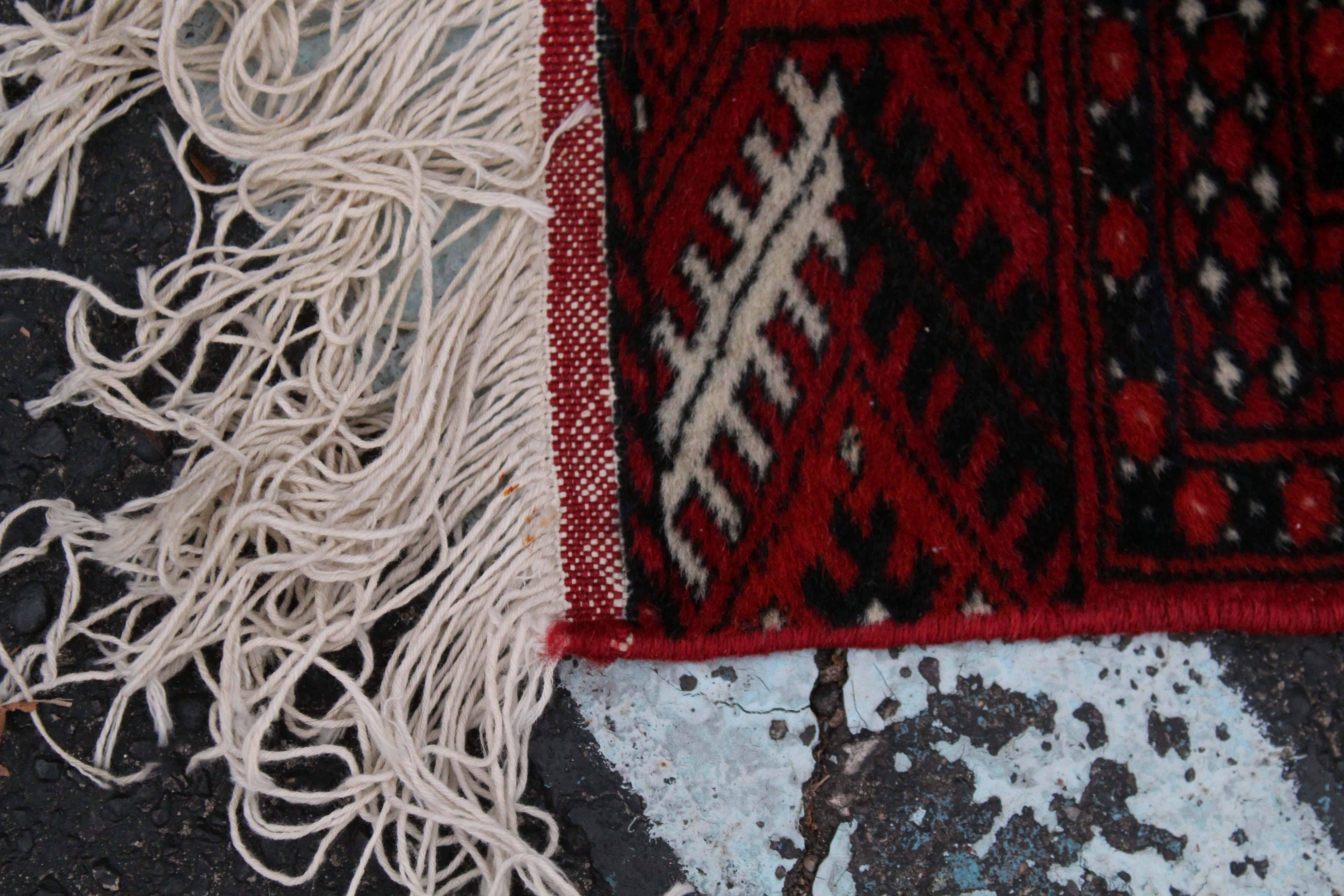Bokhara Tribal Hand Knotted Wool Rug Red & Black In Good Condition For Sale In Keego Harbor, MI