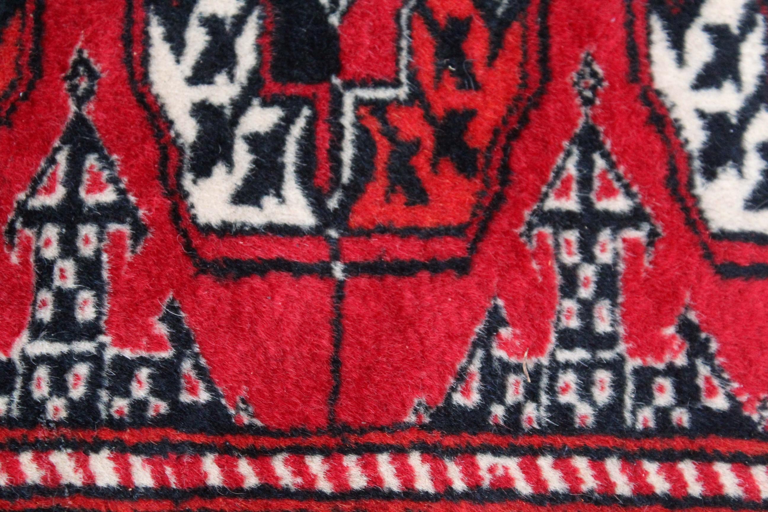 20th Century Bokhara Tribal Hand Knotted Wool Rug Red & Black For Sale