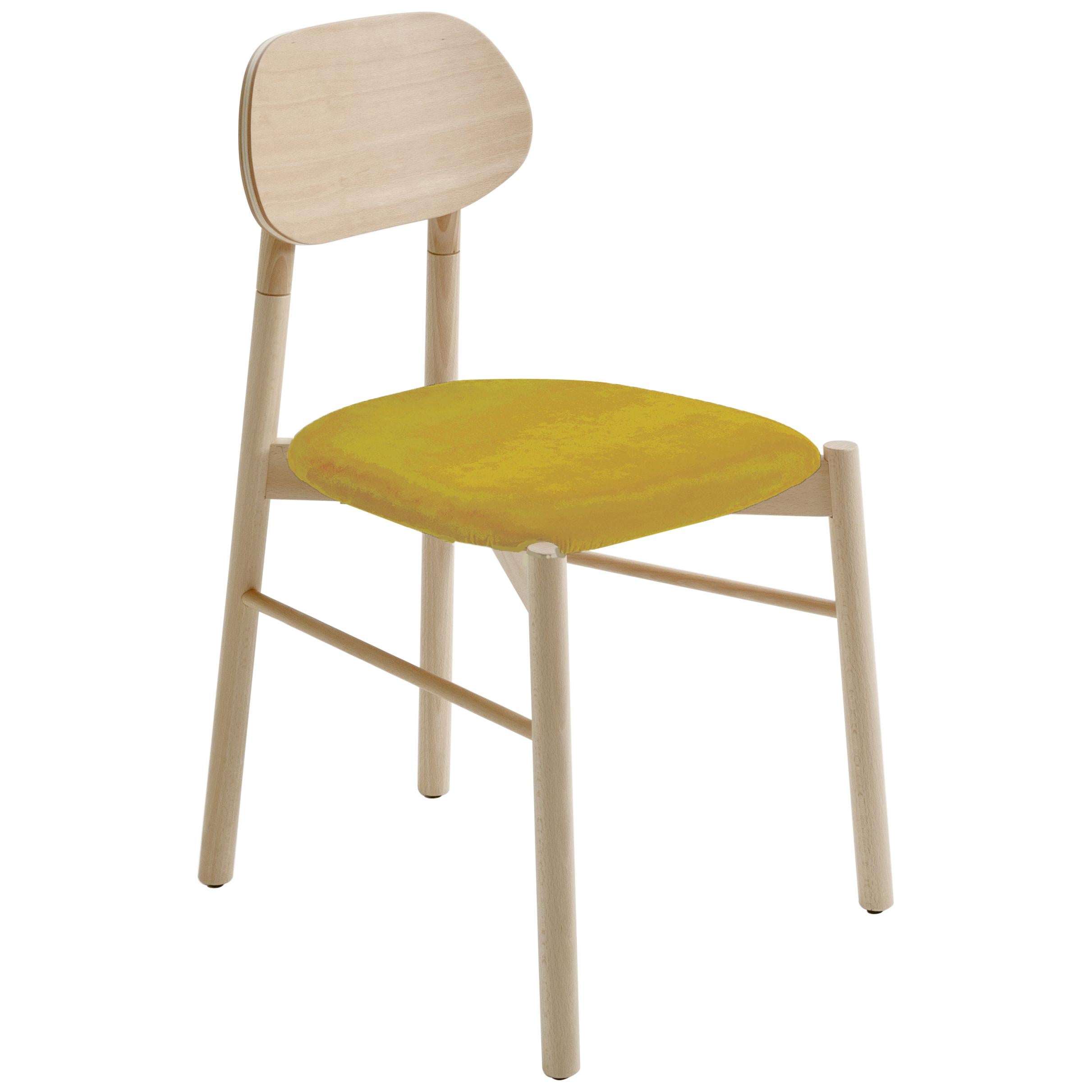 Bokken Chair Beech Wood Upholstered with Yellow Fine Italian Velvet