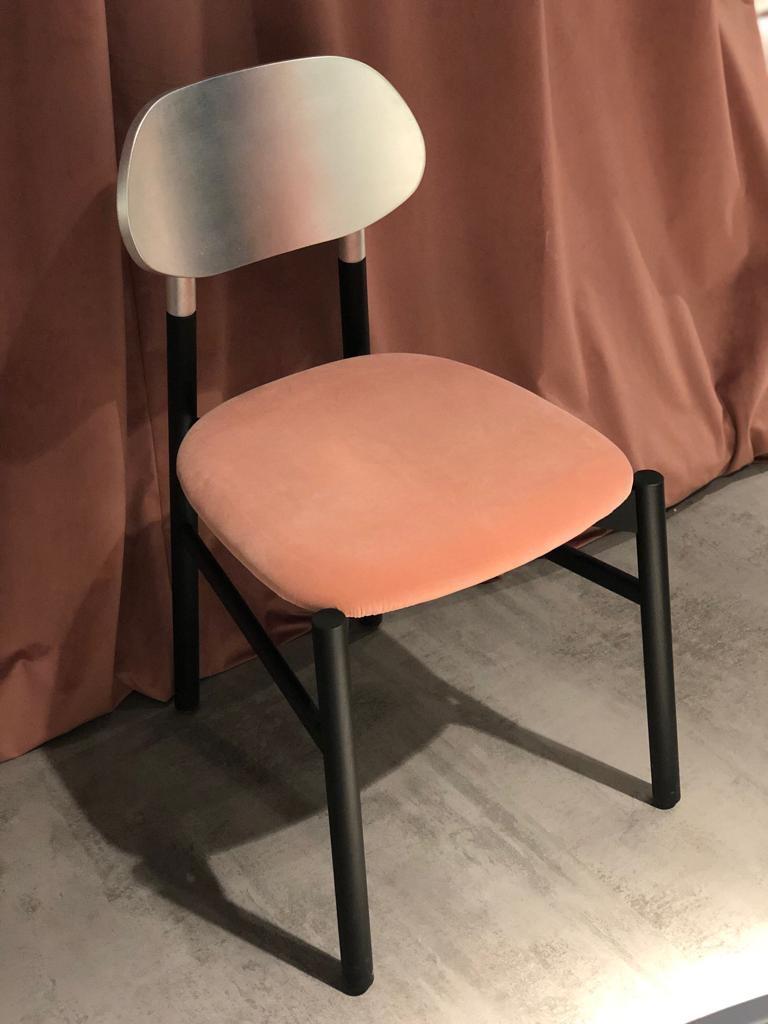 Bokken Chair, Black Beech Silver Leaf, Pale Pink Velvet Minimalist Made in Italy For Sale 1