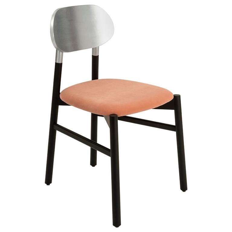 Bokken-Stuhl, Schwarze Buche, Blattsilber, blassrosa Samt Minimalist Made in Italy