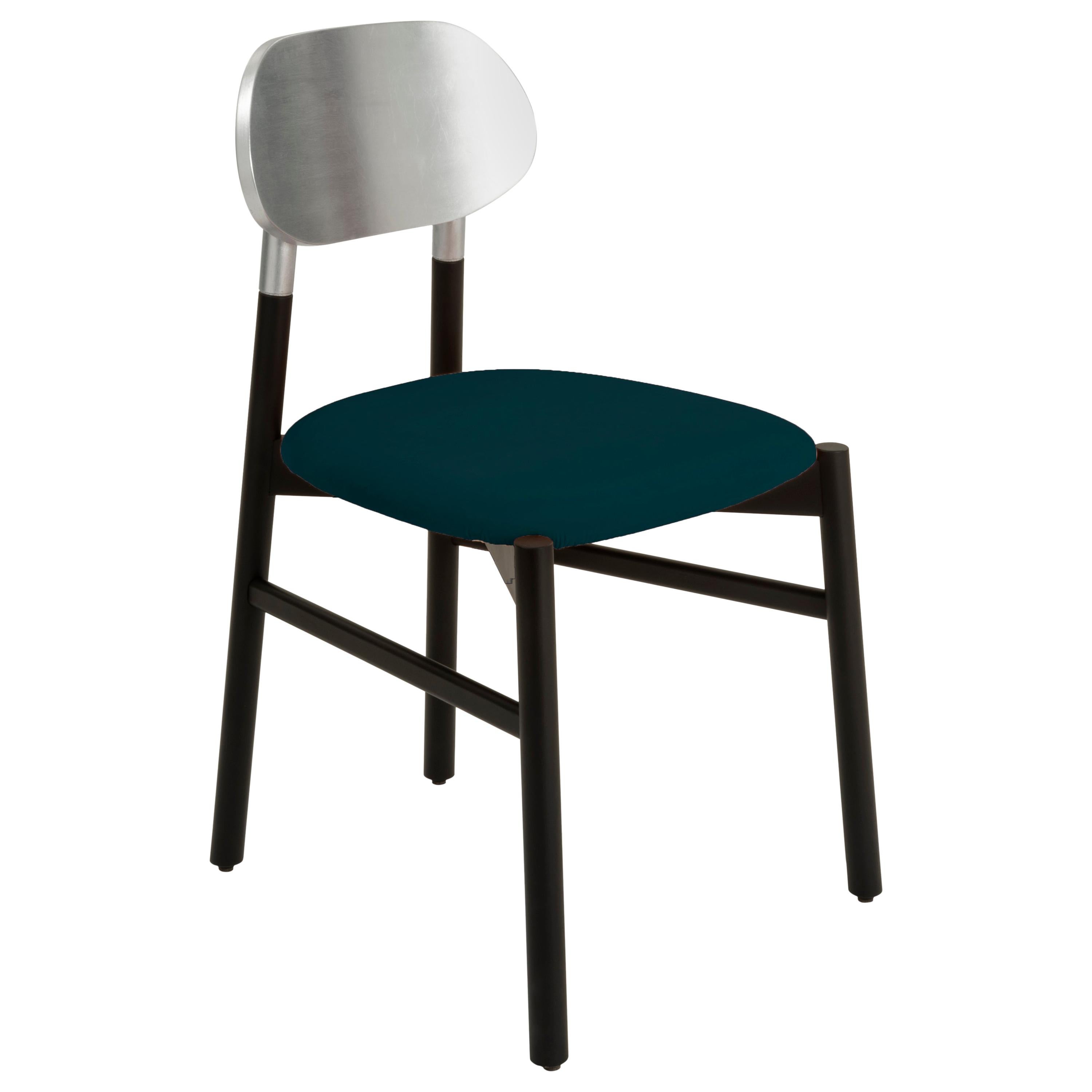Bokken Chair Black, Silver Leaf Back, Upholstered Ottanio blue Italian Velvet