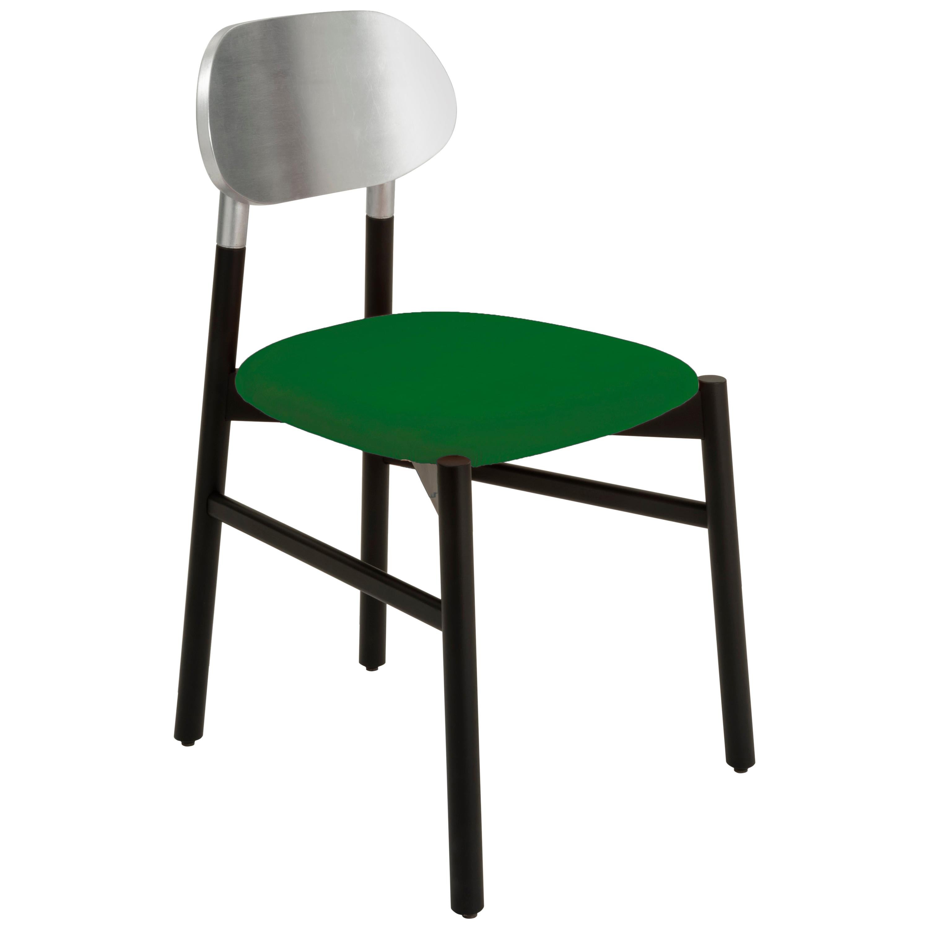 Machine-Made Bokken Chair Black, Silver Leaf Back, Upholstered Red Italian Fine Velvet For Sale