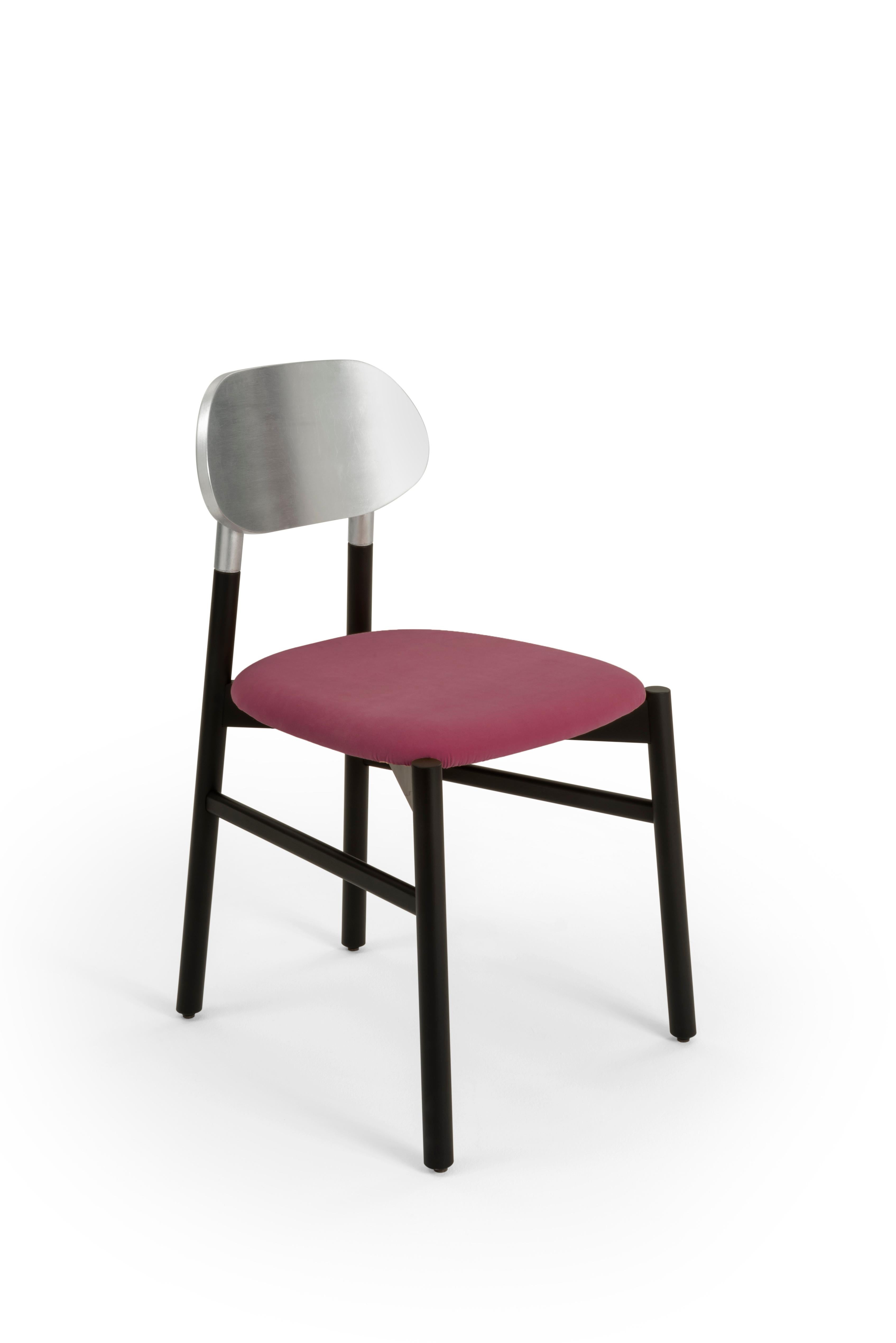 Contemporary Bokken Chair Black, Silver Leaf Back, Upholstered Red Italian Fine Velvet For Sale