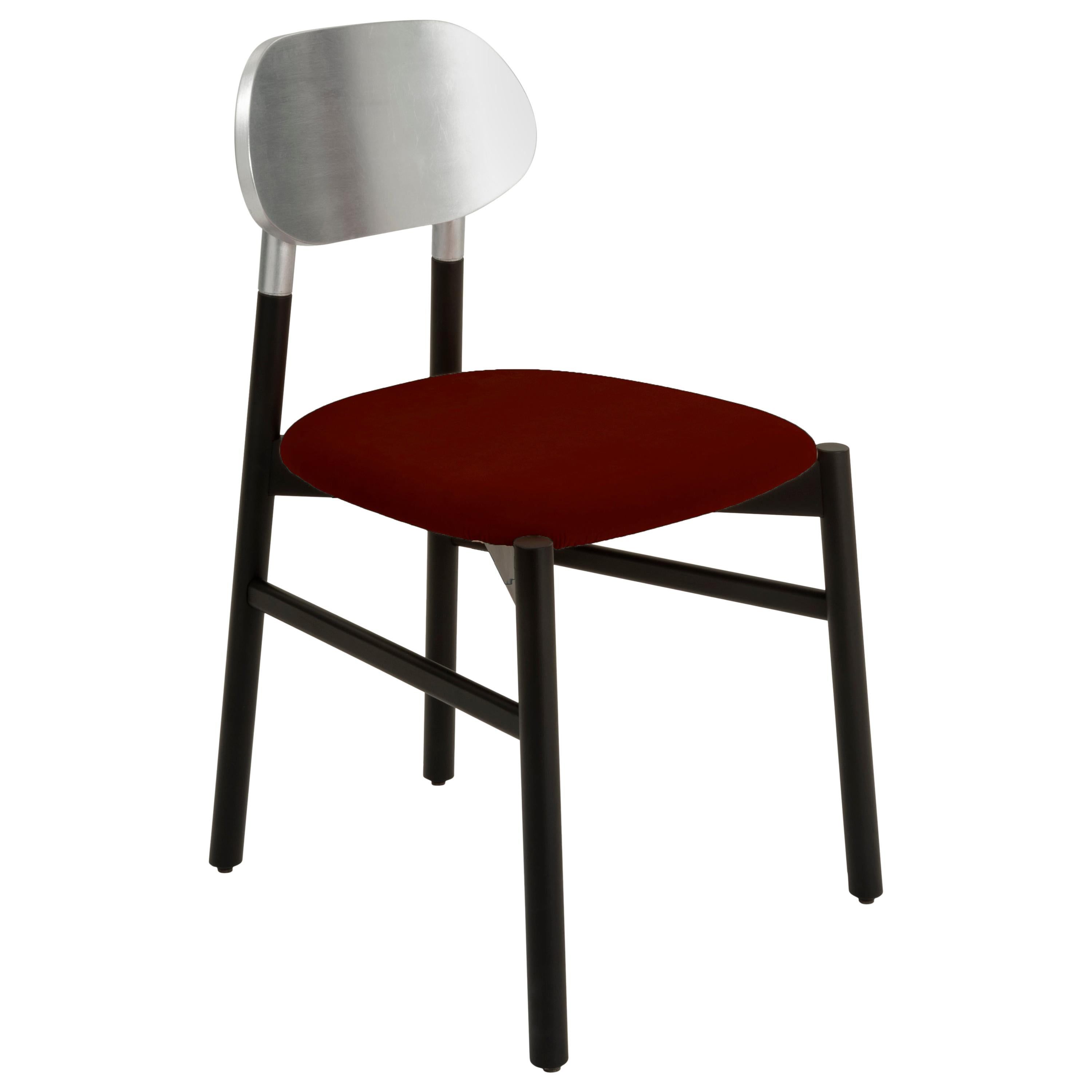 Bokken Chair Black, Silver Leaf Back, Upholstered Red Italian Fine Velvet For Sale
