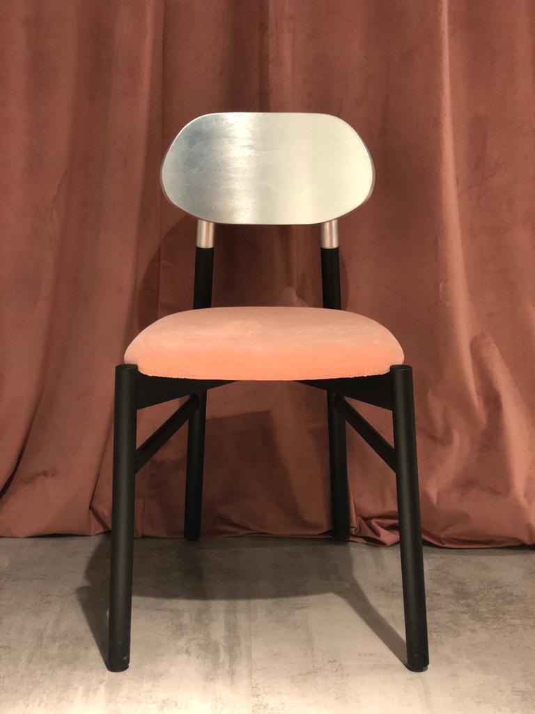 Bokken Chair Upholstered Walnut and Gold Leaf Back, Italian Brown fine Velvet For Sale 8