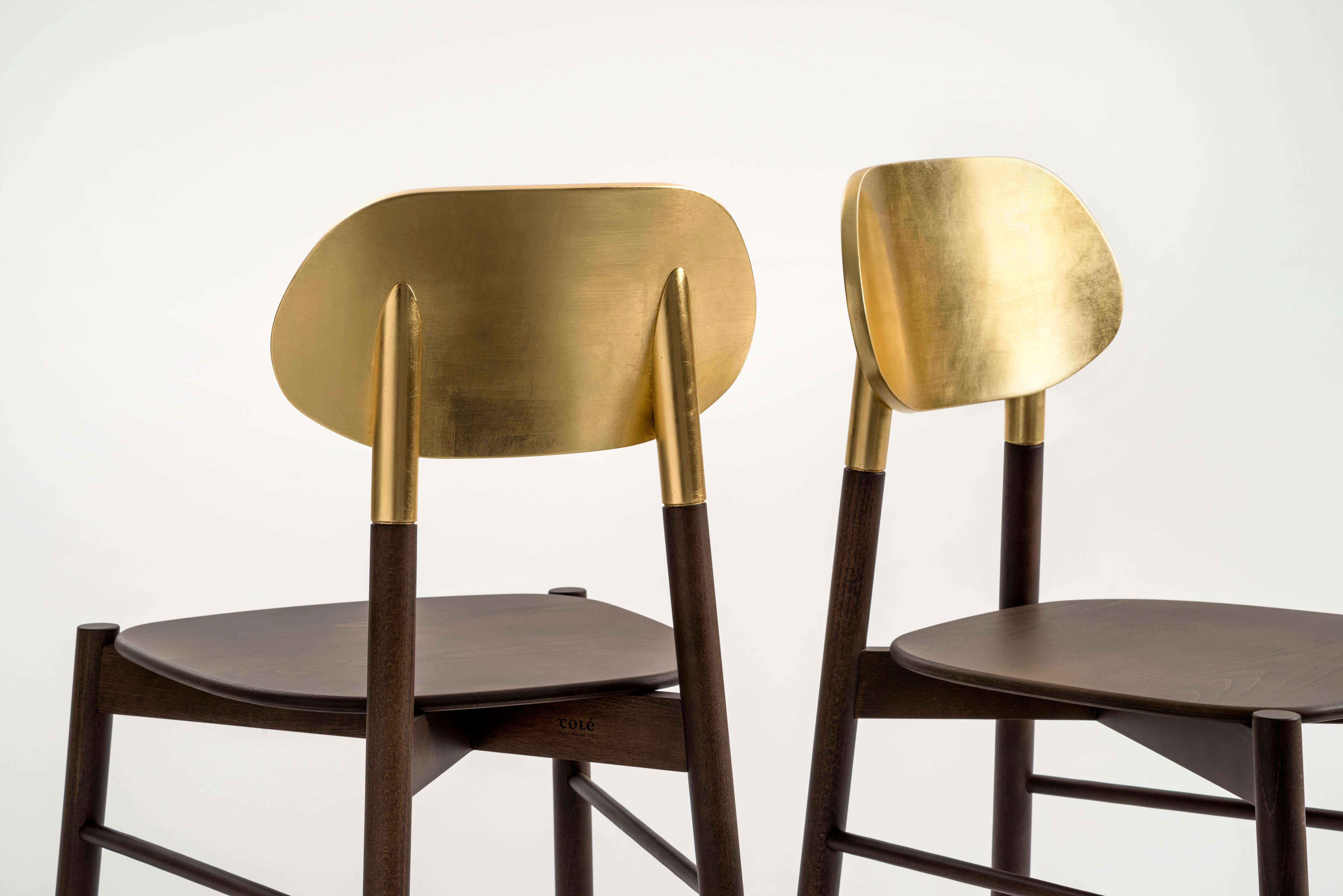 Bokken Chair Upholstered Walnut and Gold Leaf Back, Italian Brown fine Velvet For Sale 6