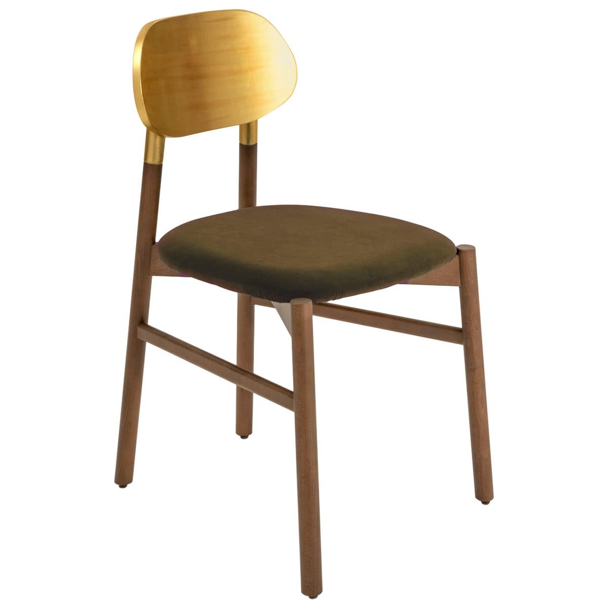 Bokken-Stuhl, gepolstert, Nussbaumholz, Rückenlehne mit Blattgold, kobaltblauer feiner italienischer Samt (Maschinell gefertigt) im Angebot
