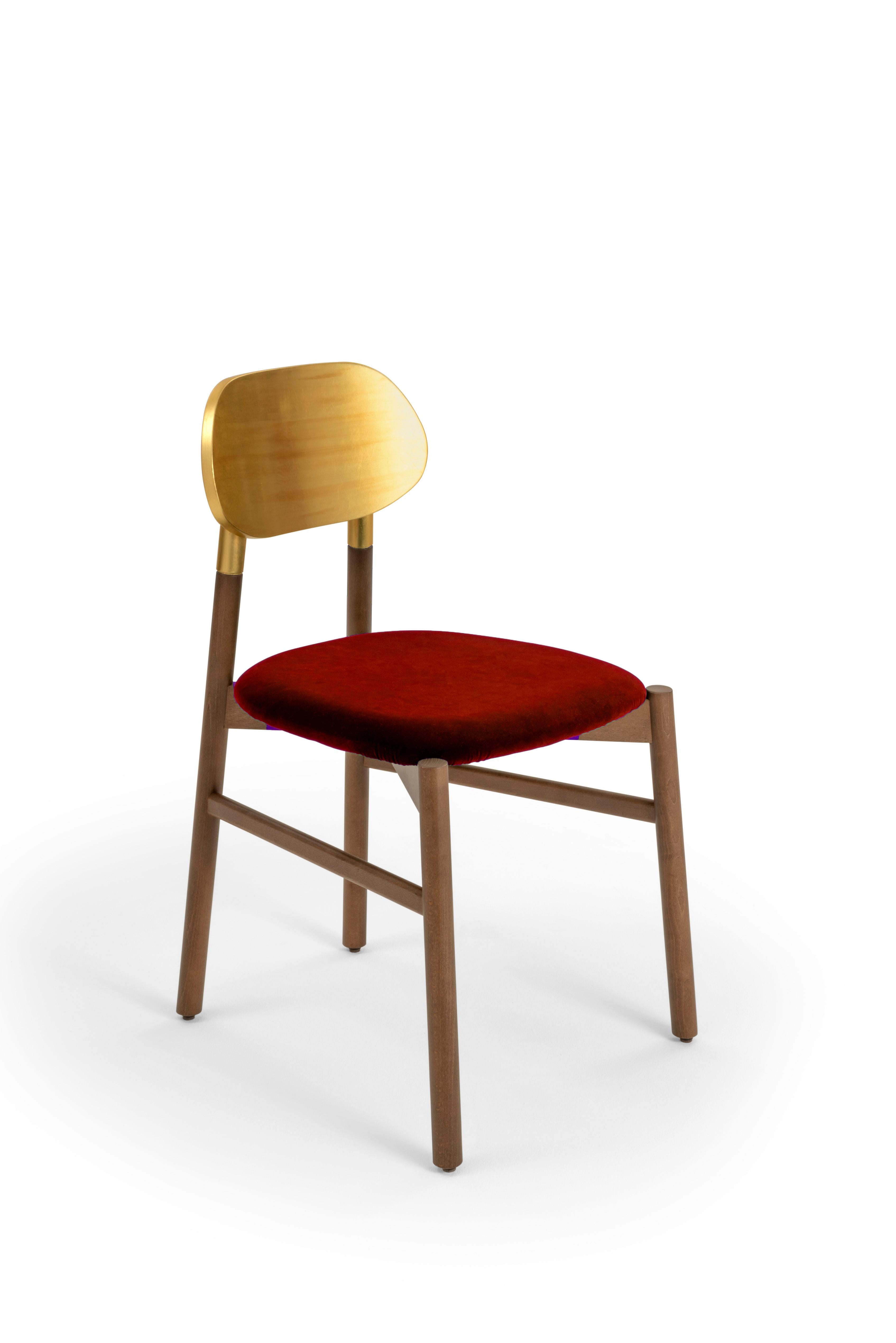 Bokken Chair Upholstered Walnut, Gold Leaf Back, Cobalt Blue Fine Italian Velvet For Sale 3