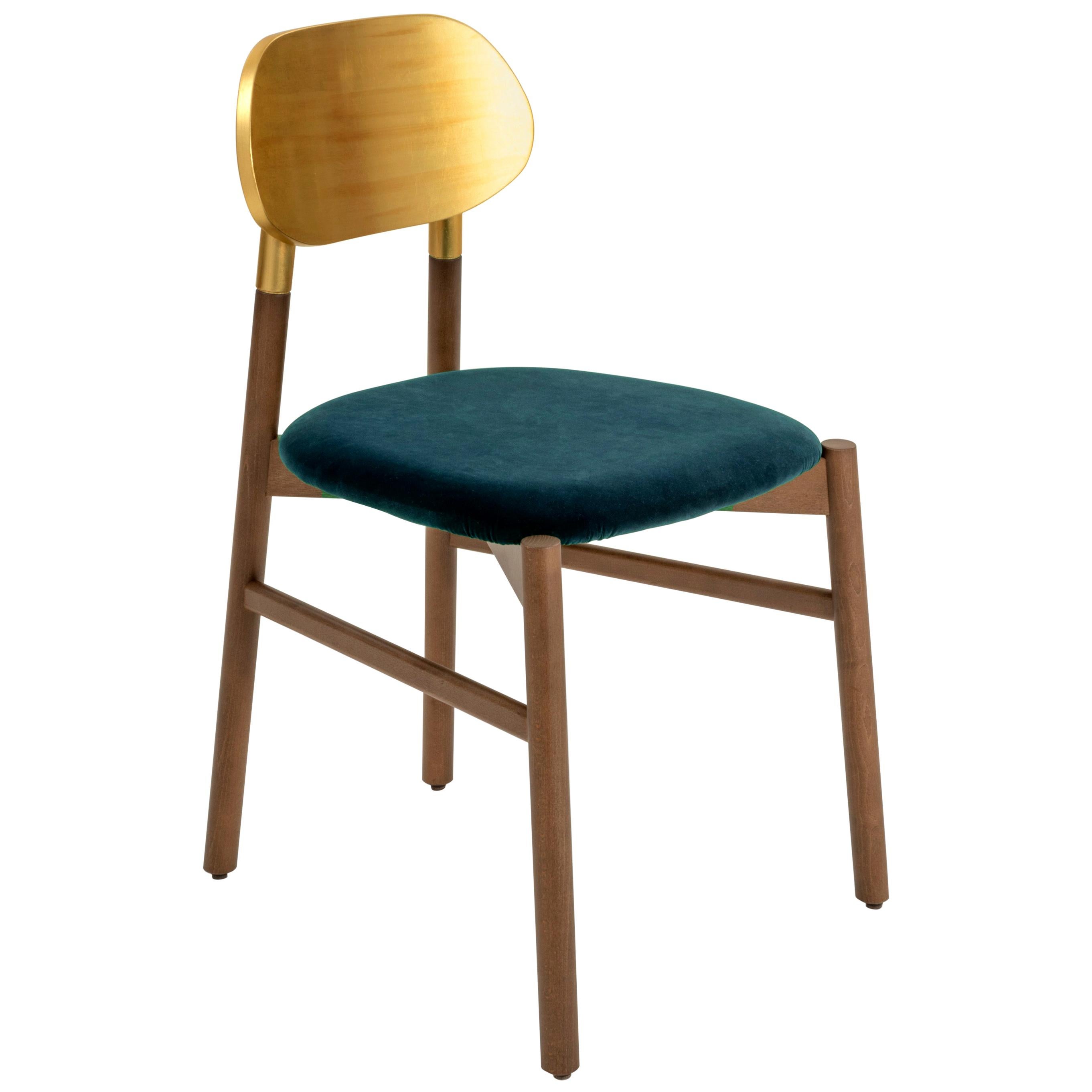 Bokken-Stuhl, gepolstert, Nussbaumholz, Rückenlehne mit Blattgold, kobaltblauer feiner italienischer Samt