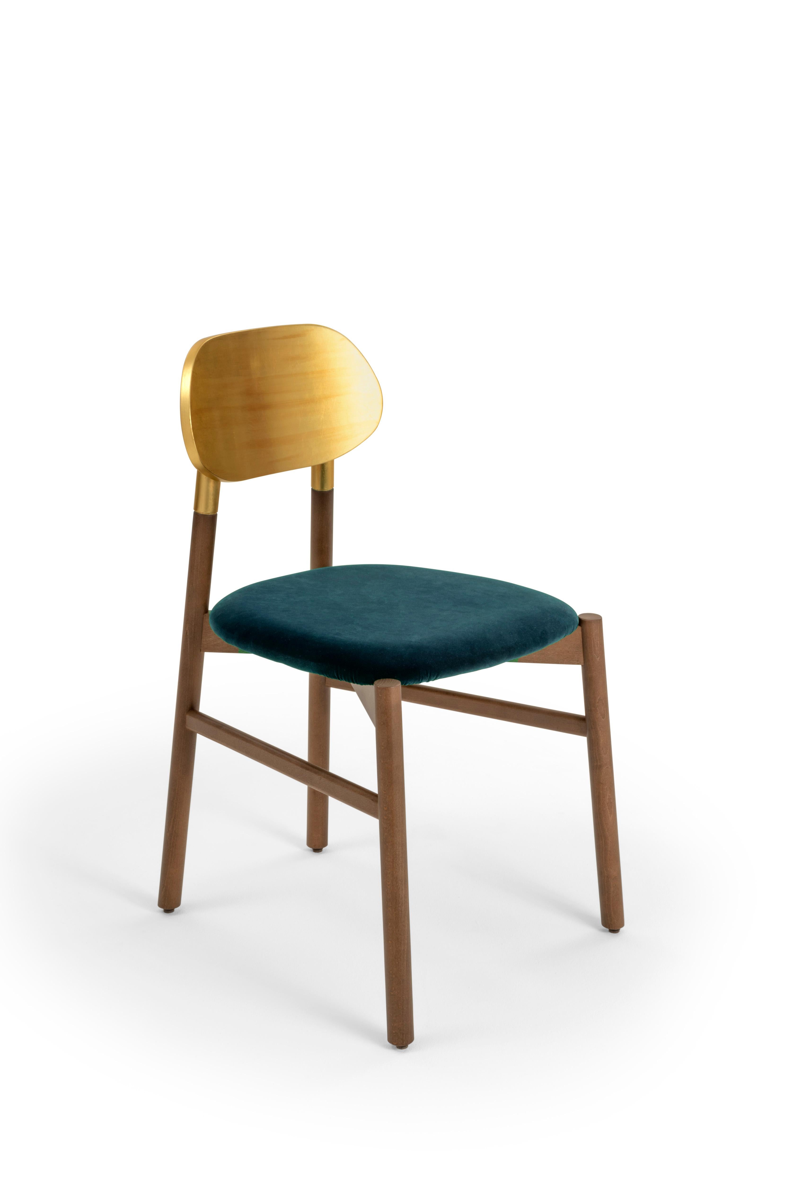 Machine-Made Bokken Chair Upholstered Walnut, Gold Leaf Back, Italian Blue Fine Velvet For Sale