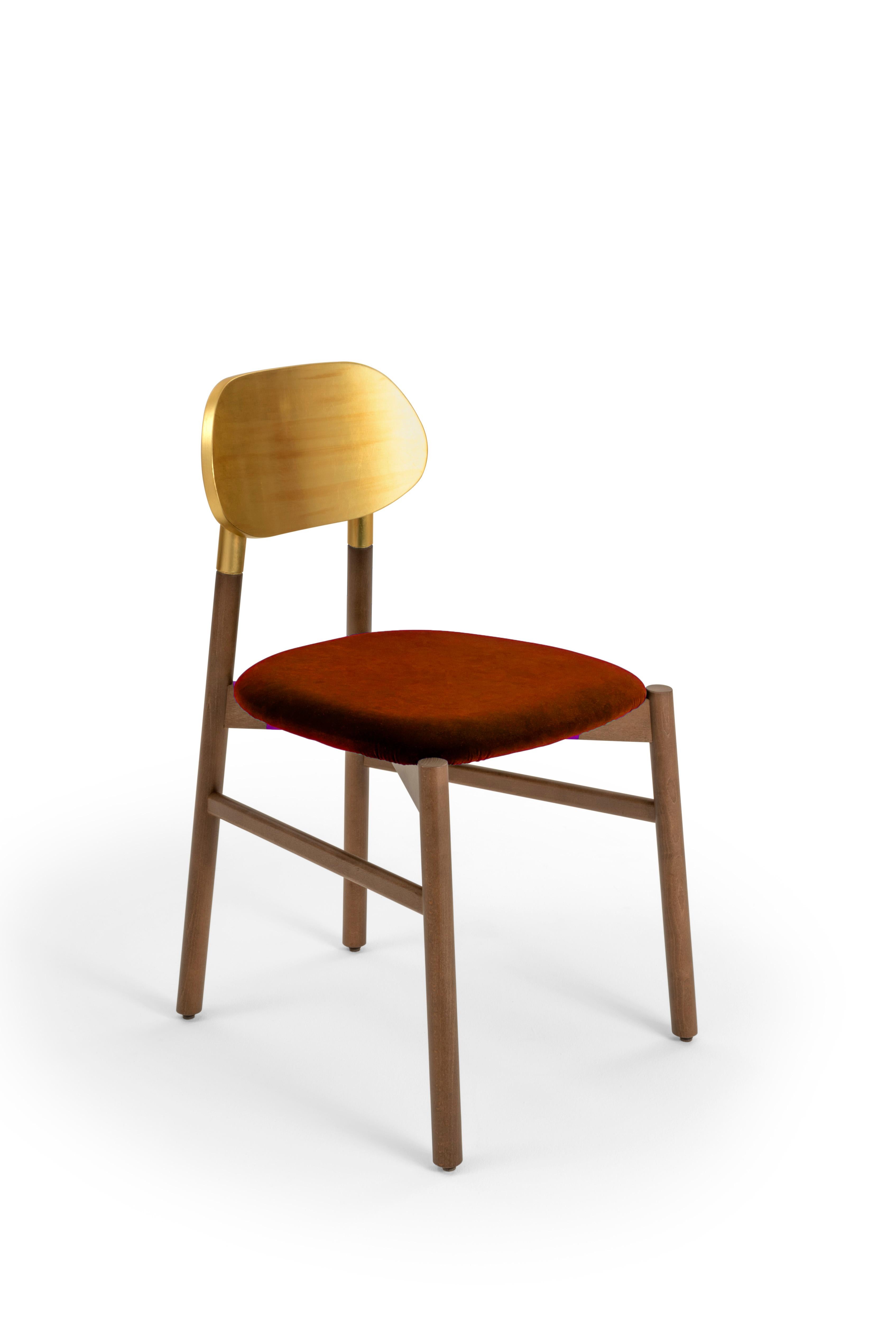 Bokken Chair Upholstered Walnut, Gold Leaf Back, Italian Blue Fine Velvet In New Condition For Sale In Milan, Lombardy