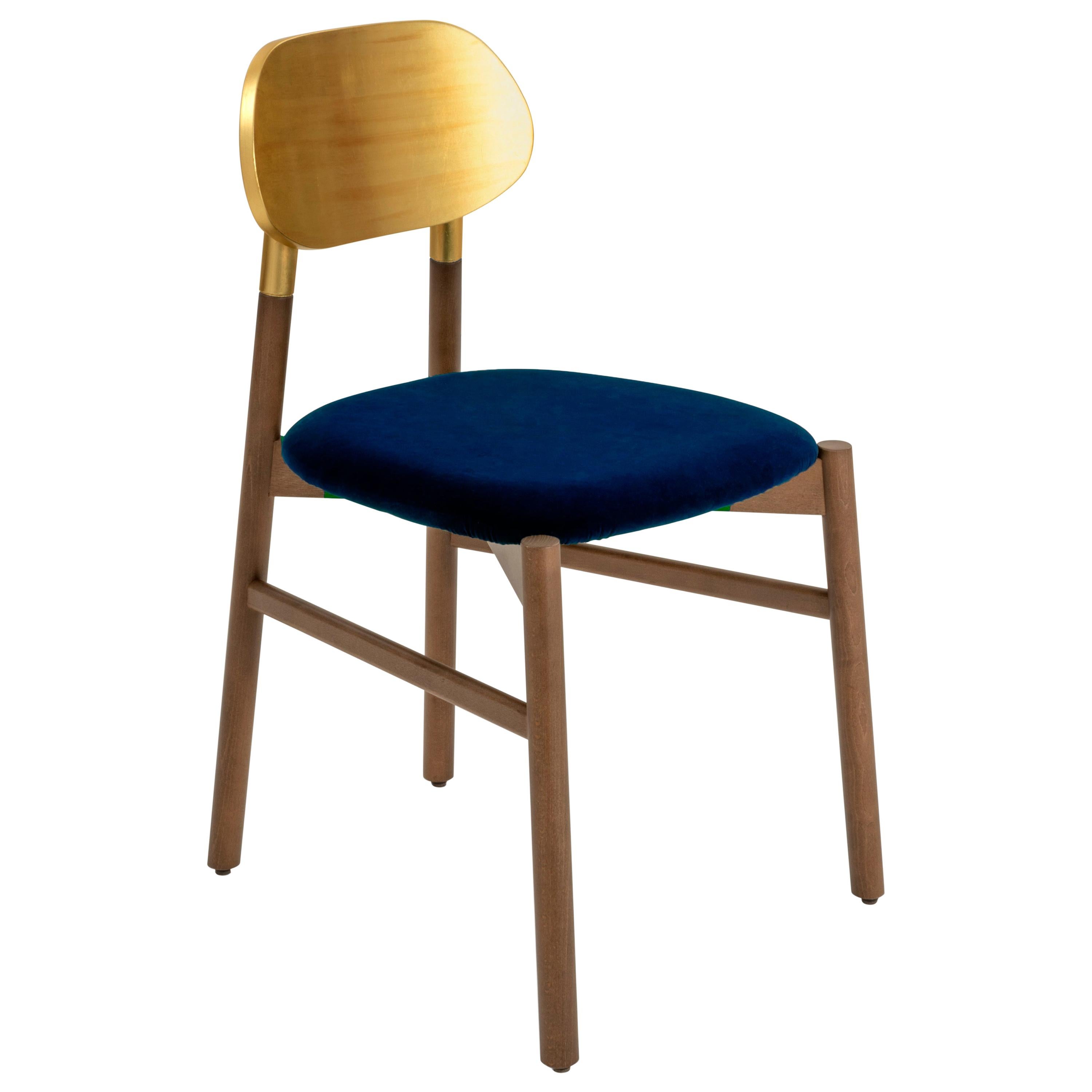 Bokken Chair Upholstered Walnut, Gold Leaf Back, Italian Blue Fine Velvet