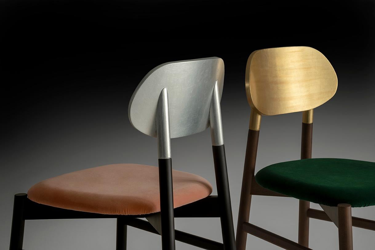 Bokken Chair Upholstered Walnut, Gold Leaf Back, Italian Brown Fine Velvet For Sale 2