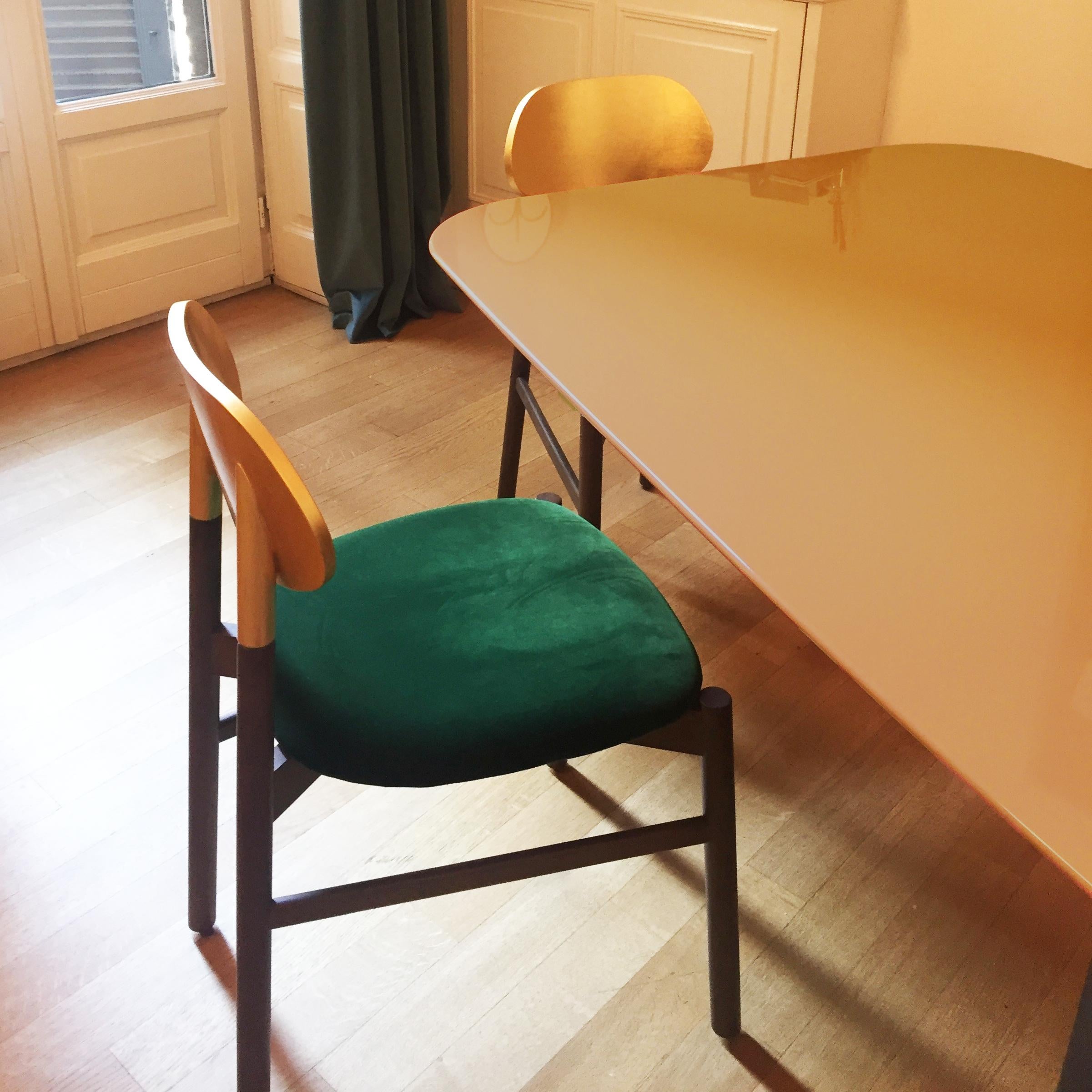 Minimalist Bokken Chair Upholstered Walnut, Gold Leaf Back, Italian Emerald Green Velvet For Sale
