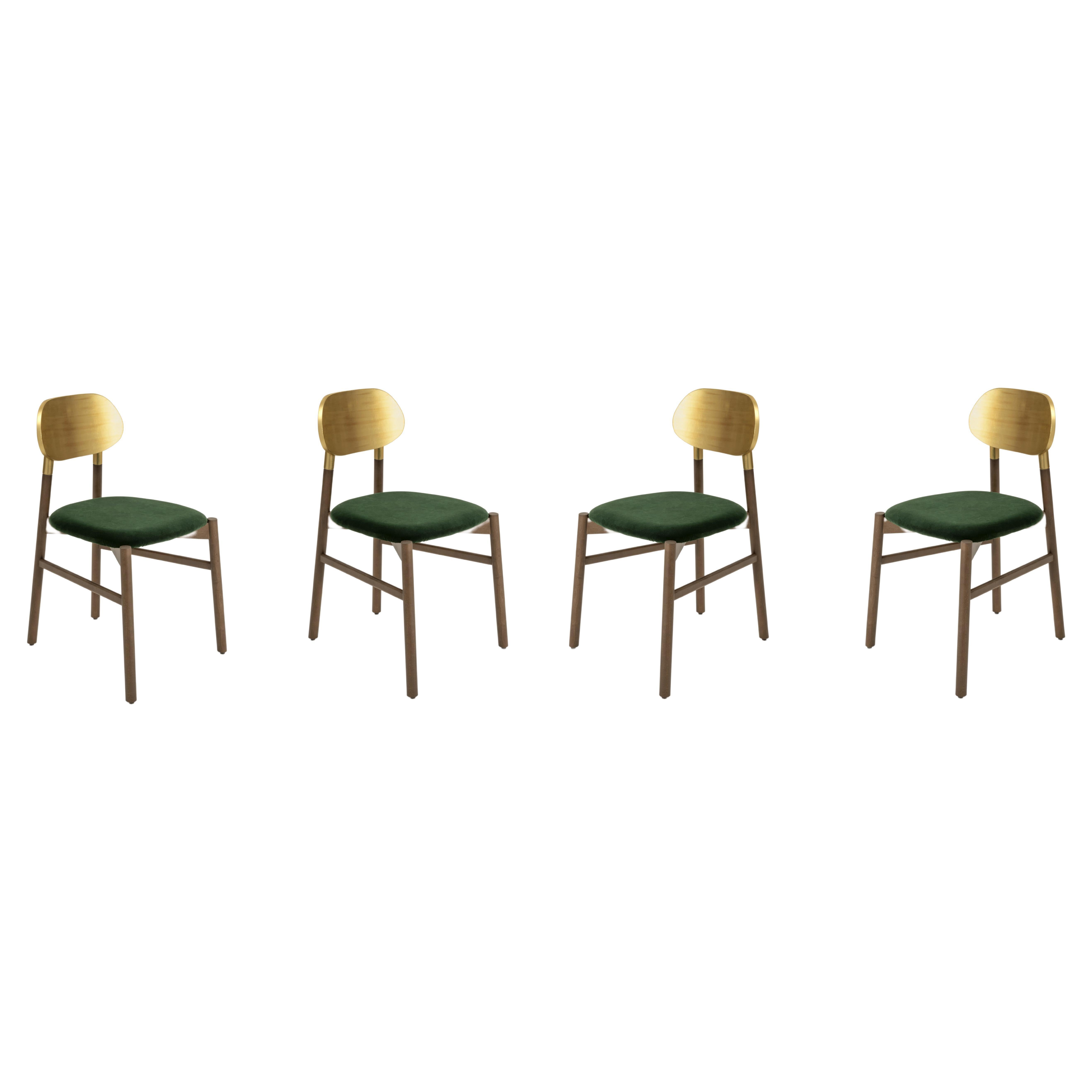 Bokken-Stuhl, gepolstert, Nussbaumholz, Rückenlehne mit Blattgold, italienischer smaragdgrüner Samt