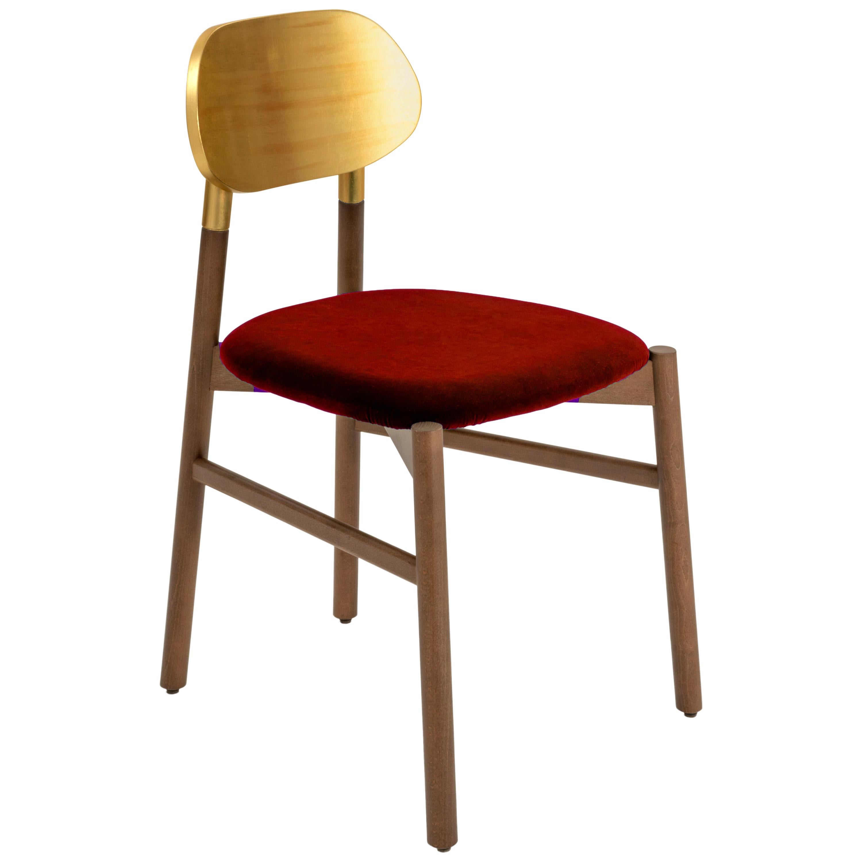Bokken Chair Upholstered Walnut, Gold Leaf Back, Italian Rusty red Fine Velvet