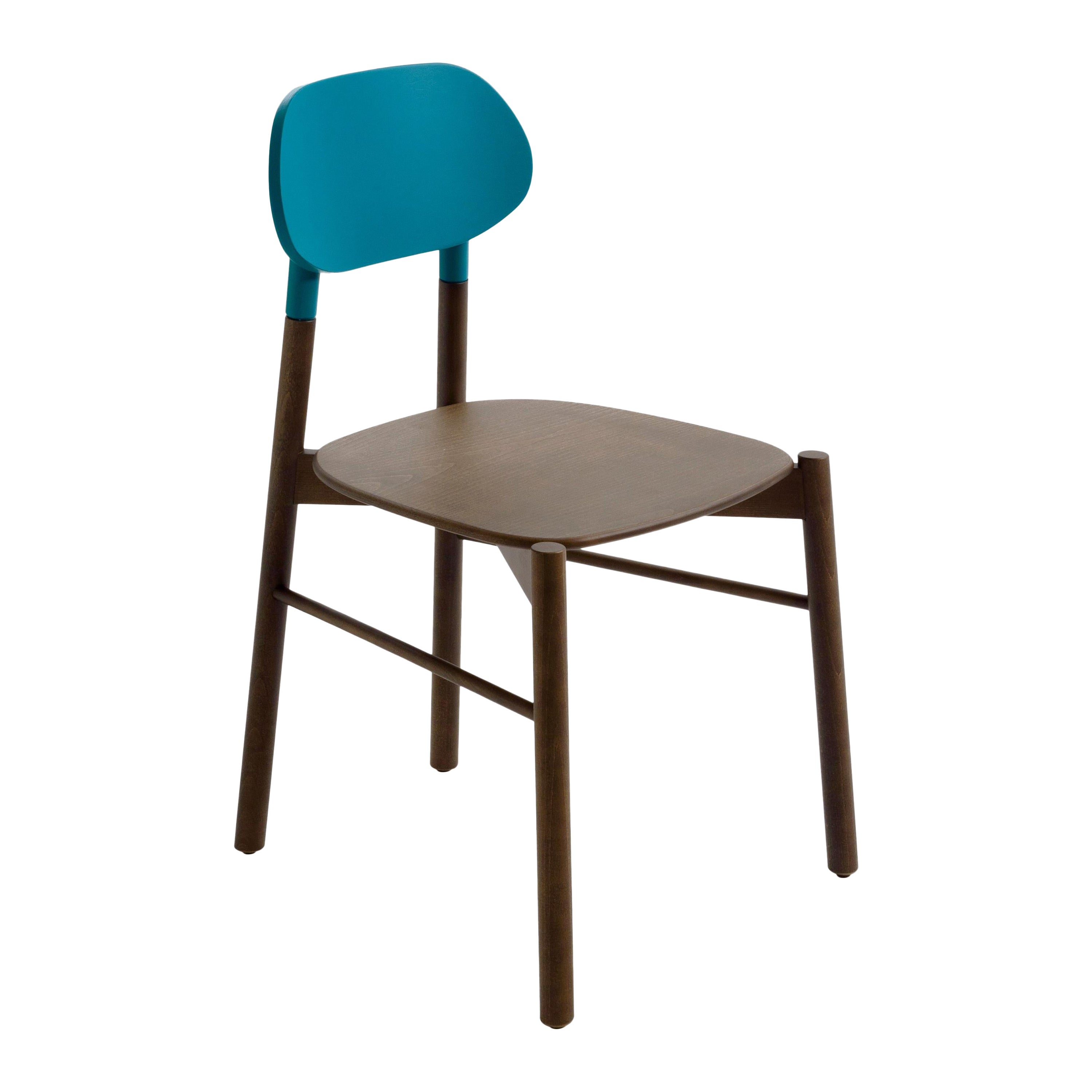 Bokken Chair, Walnut Structure, Turquoise Back, Minimalist Design Made in Italy