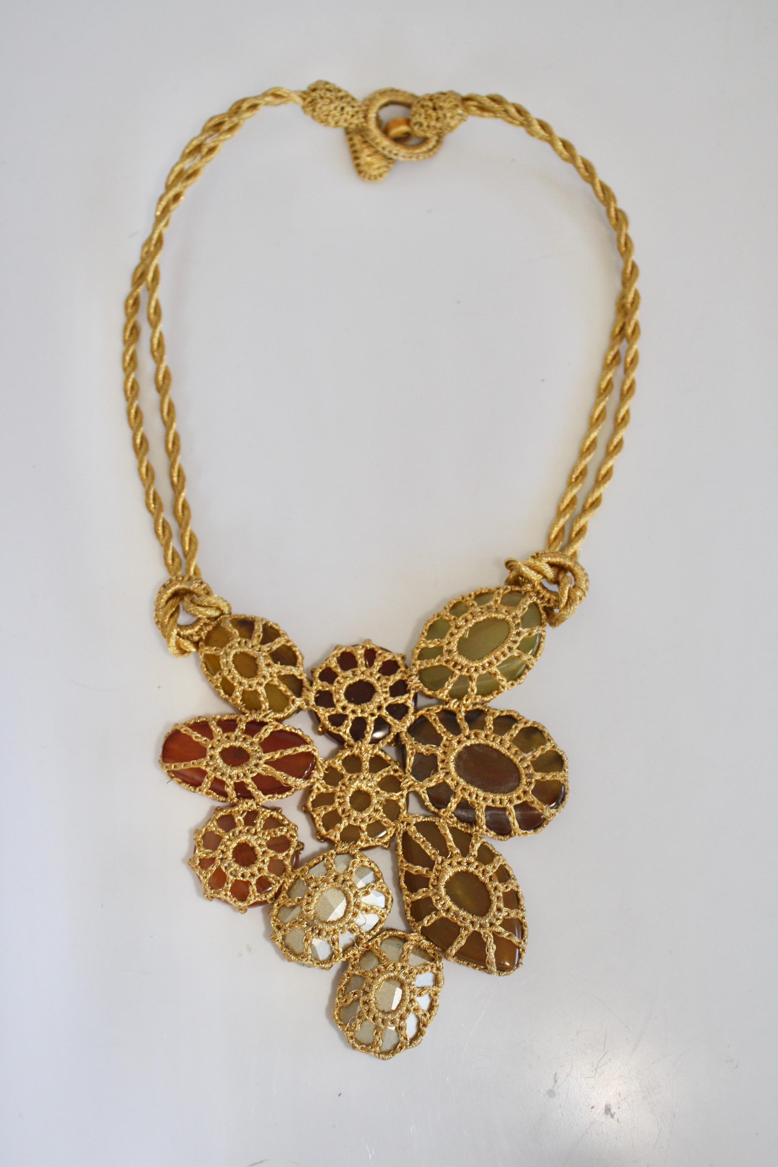 Lurex, rayon, Swarovski crystal, yellow calcite, agate, cornelian, Murano glass, and amber statement necklace. 20