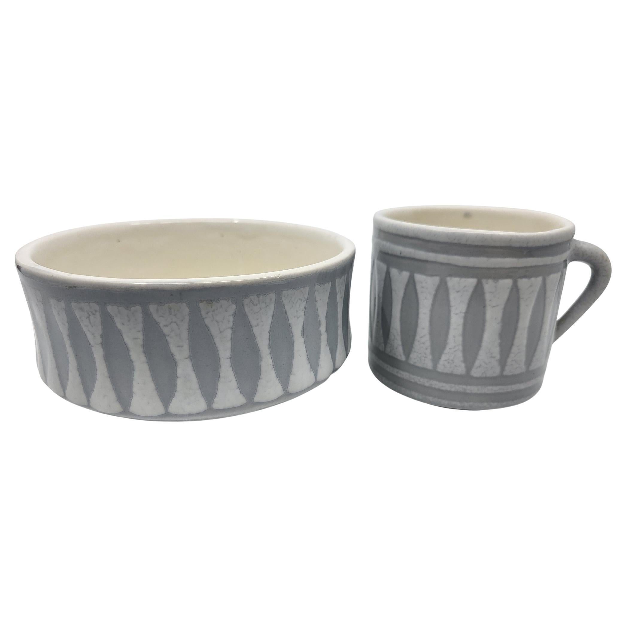 Bol y taza Roger Capron en cerámica francesa Vallauris Costa Azul 1950