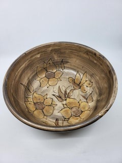 Bol XL Vallauris en céramique Grès décor fleurs incisé France Côte-d'Azur 1970