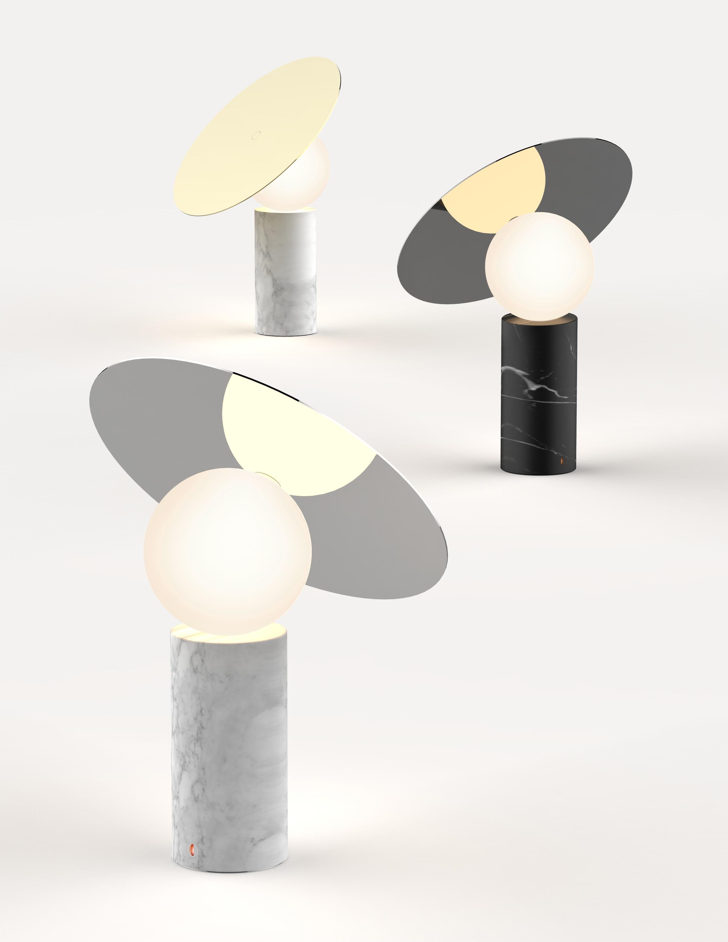Modern Bola Disc Table Lamp in Carrara Marble and Brass by Pablo Designs For Sale