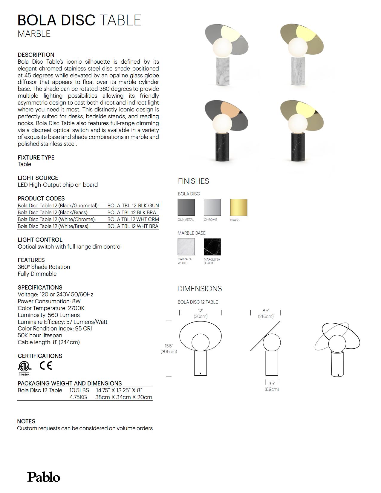 Bola Disc Tischlampe aus Carrara-Marmor und Chrom von Pablo Designs im Angebot 1