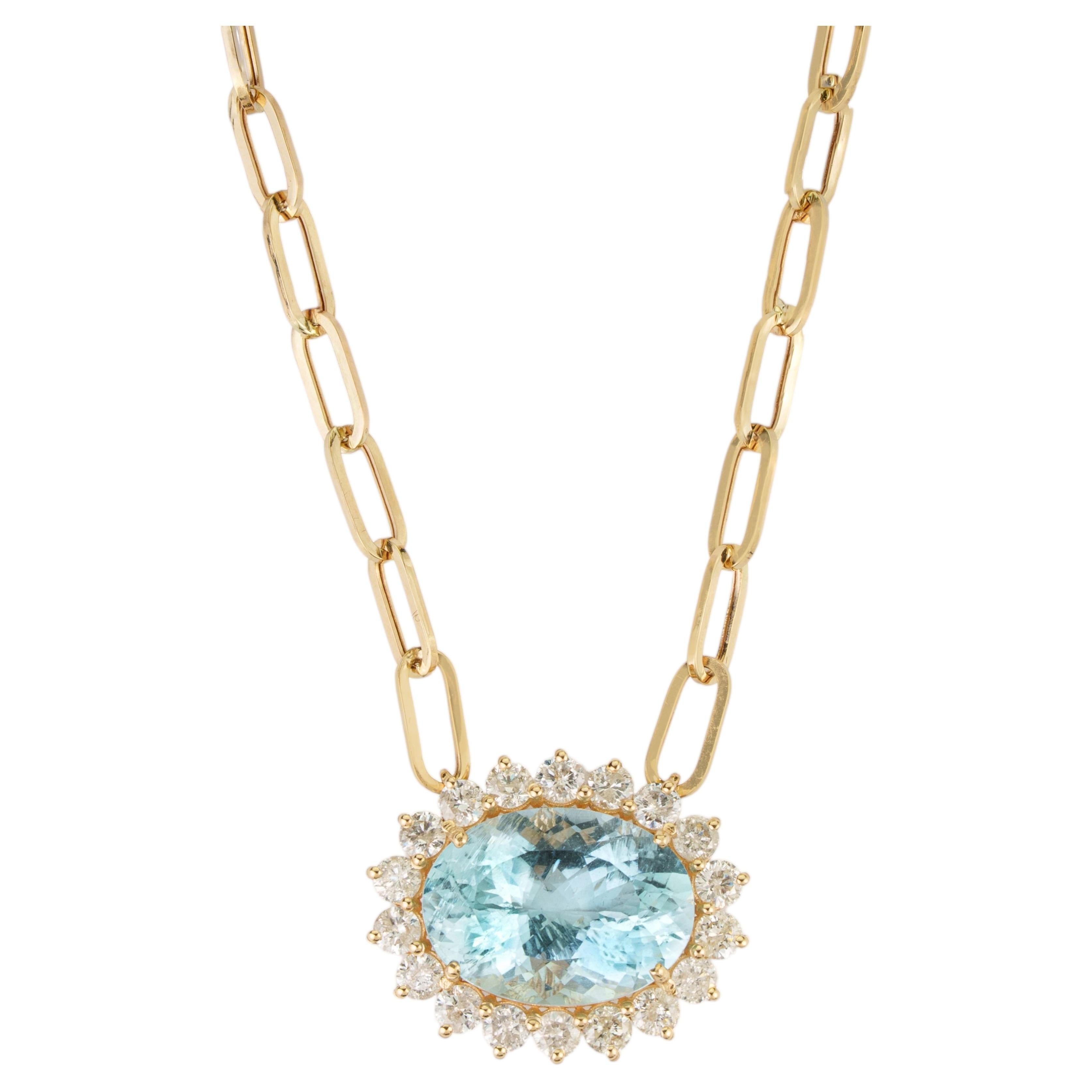 Collana con ciondolo "Halo" in oro giallo 14K con acquamarina da 10,32 ct e diamanti da 1,95 ct