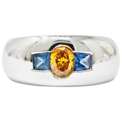 Bold 1.19 CTW Fancy Yellow-Orange Diamond, Sapphire & Platinum Men's Ring GIA