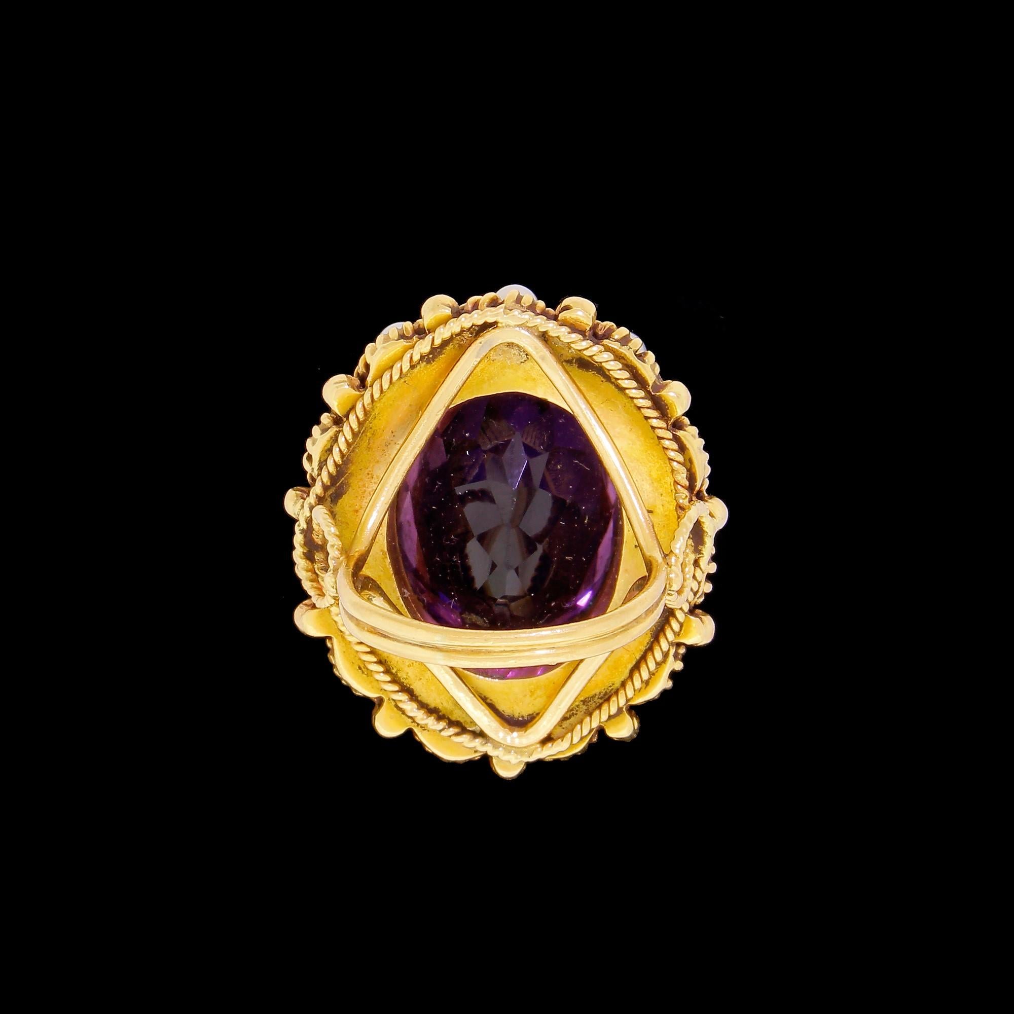 Etruscan Revival Bold 14 Karat Gold Etruscan Cocktail Ring Large Big 10 Carat Amethyst and Pearl For Sale