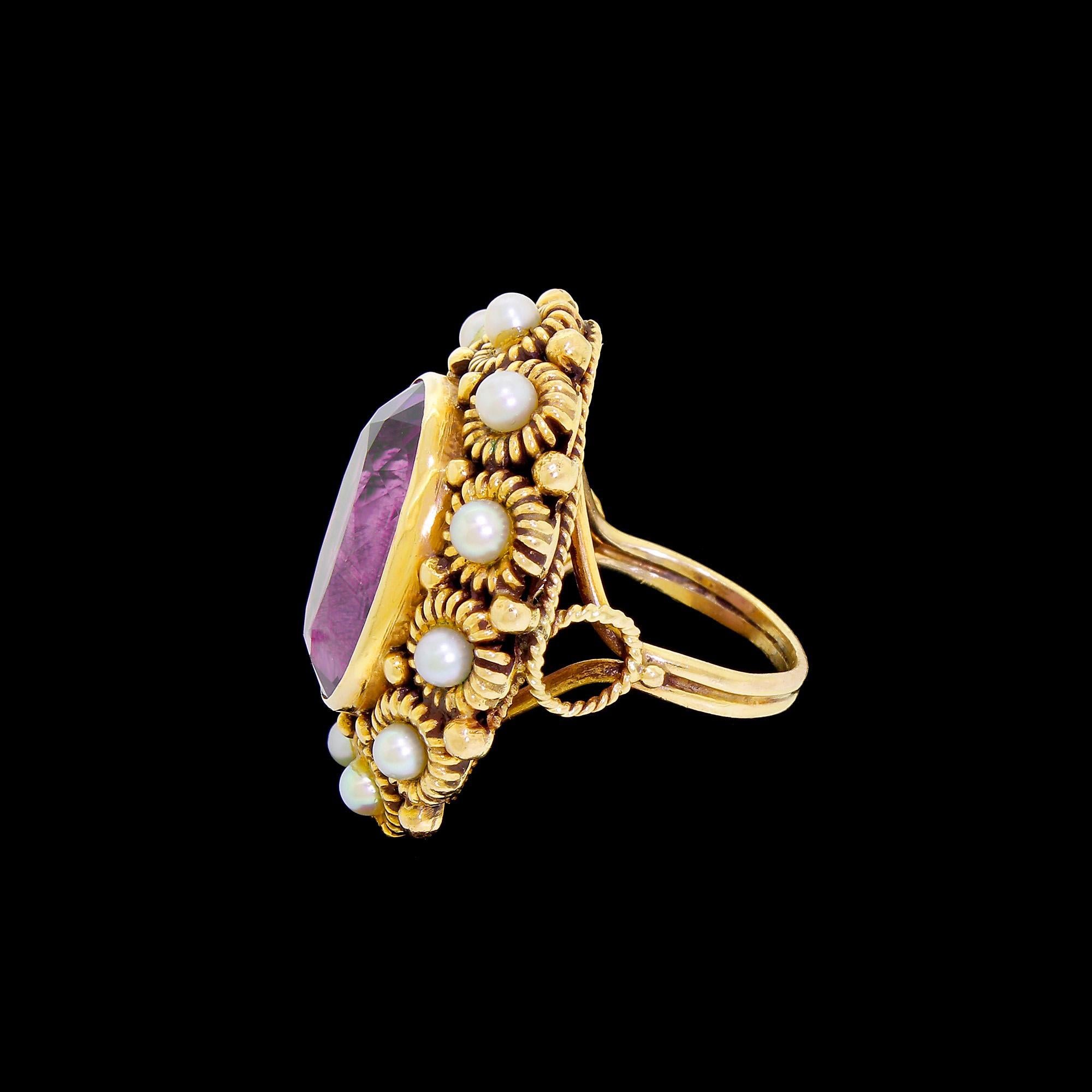 Oval Cut Bold 14 Karat Gold Etruscan Cocktail Ring Large Big 10 Carat Amethyst and Pearl For Sale