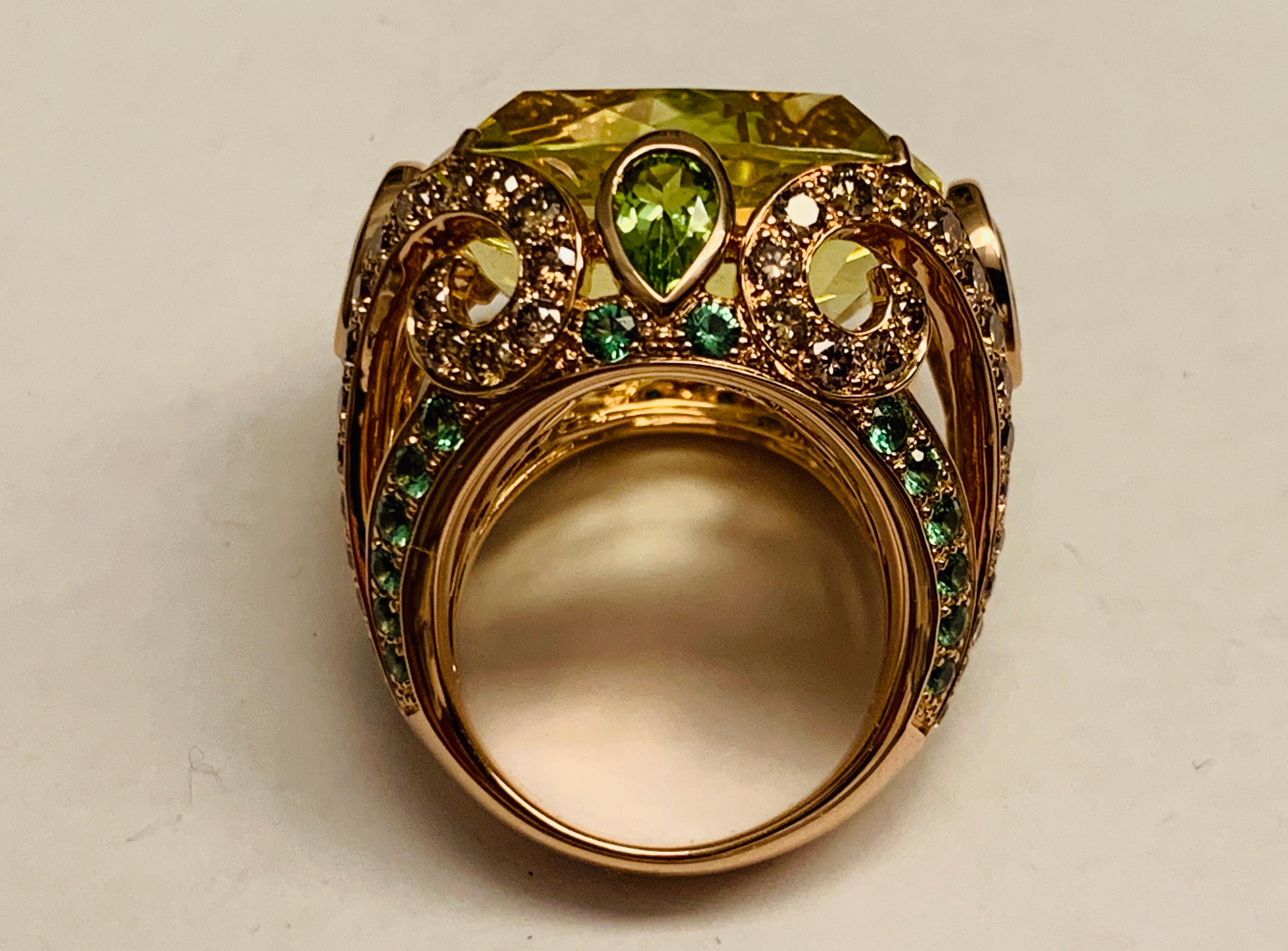 Contemporary Bold 18 Karat Pink Gold Cocktail Ring with Lemon Citrine Diamonds and Tsavorites For Sale
