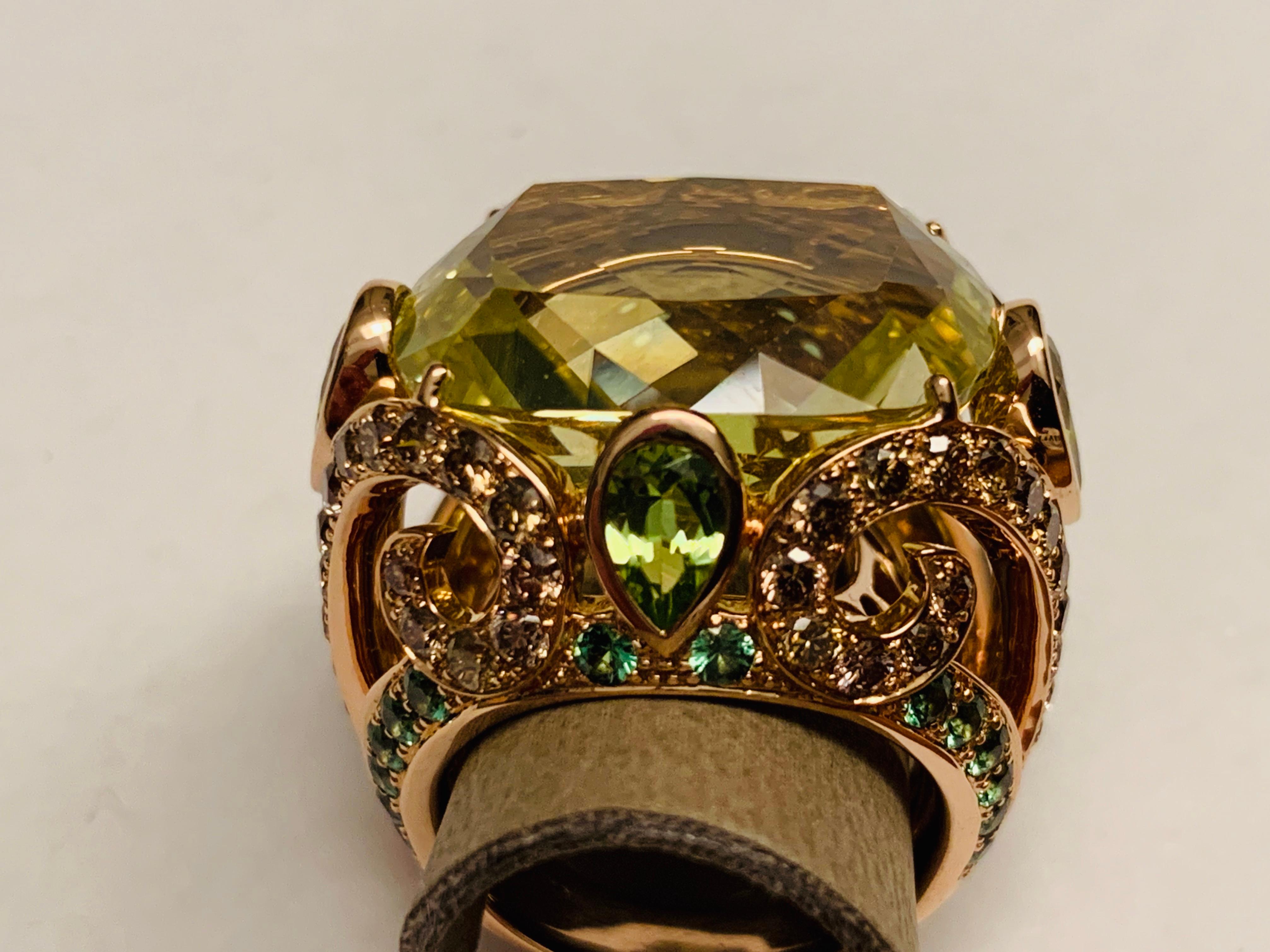 Women's or Men's Bold 18 Karat Pink Gold Cocktail Ring with Lemon Citrine Diamonds and Tsavorites For Sale