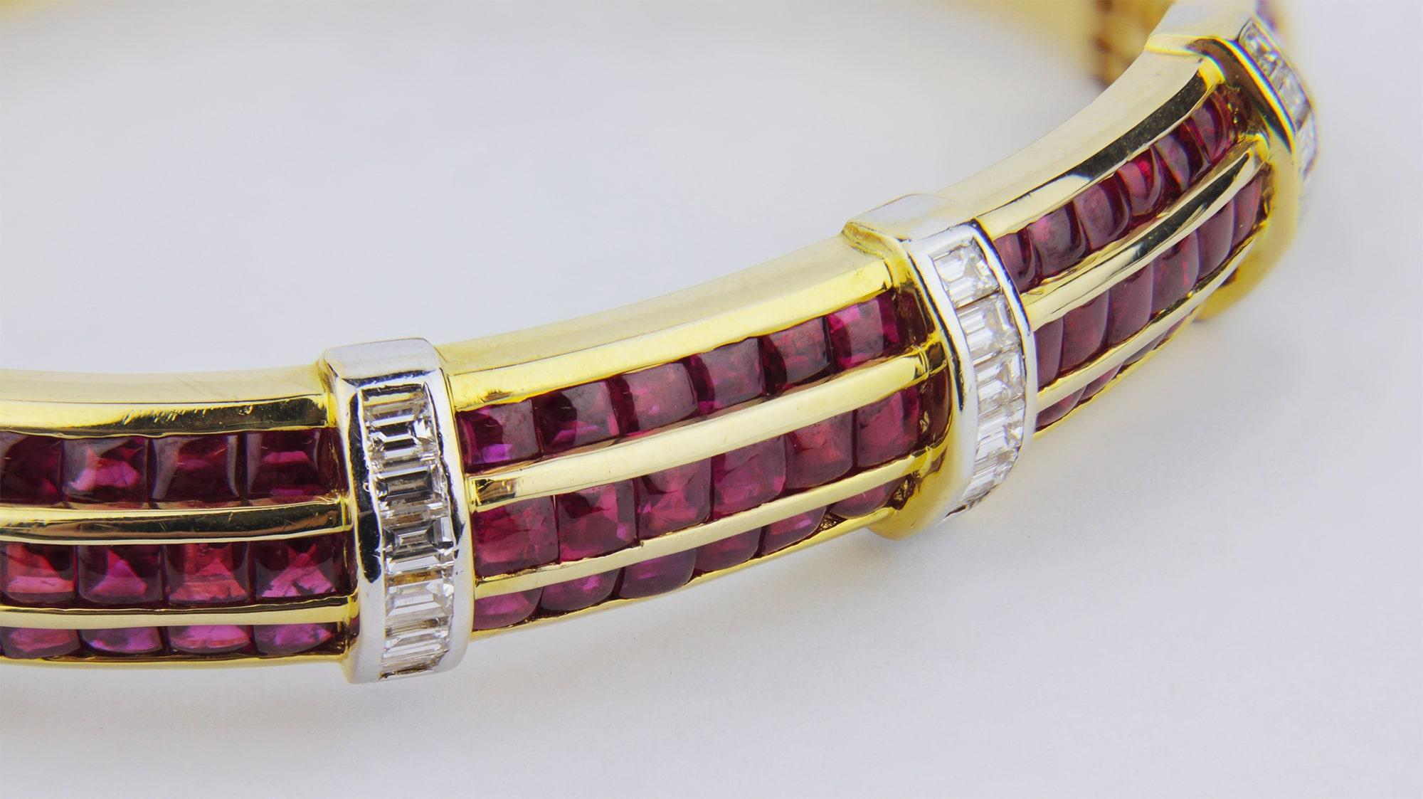 Baguette Cut Bold 18 Karat Gold, Ruby and Diamond Hinged Bracelet