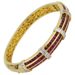 Bold 18 Karat Gold, Ruby and Diamond Hinged Bracelet