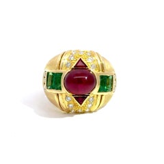 Bold 18k Gold Dome Ring with Cabochon Ruby, Emeralds & Diamonds