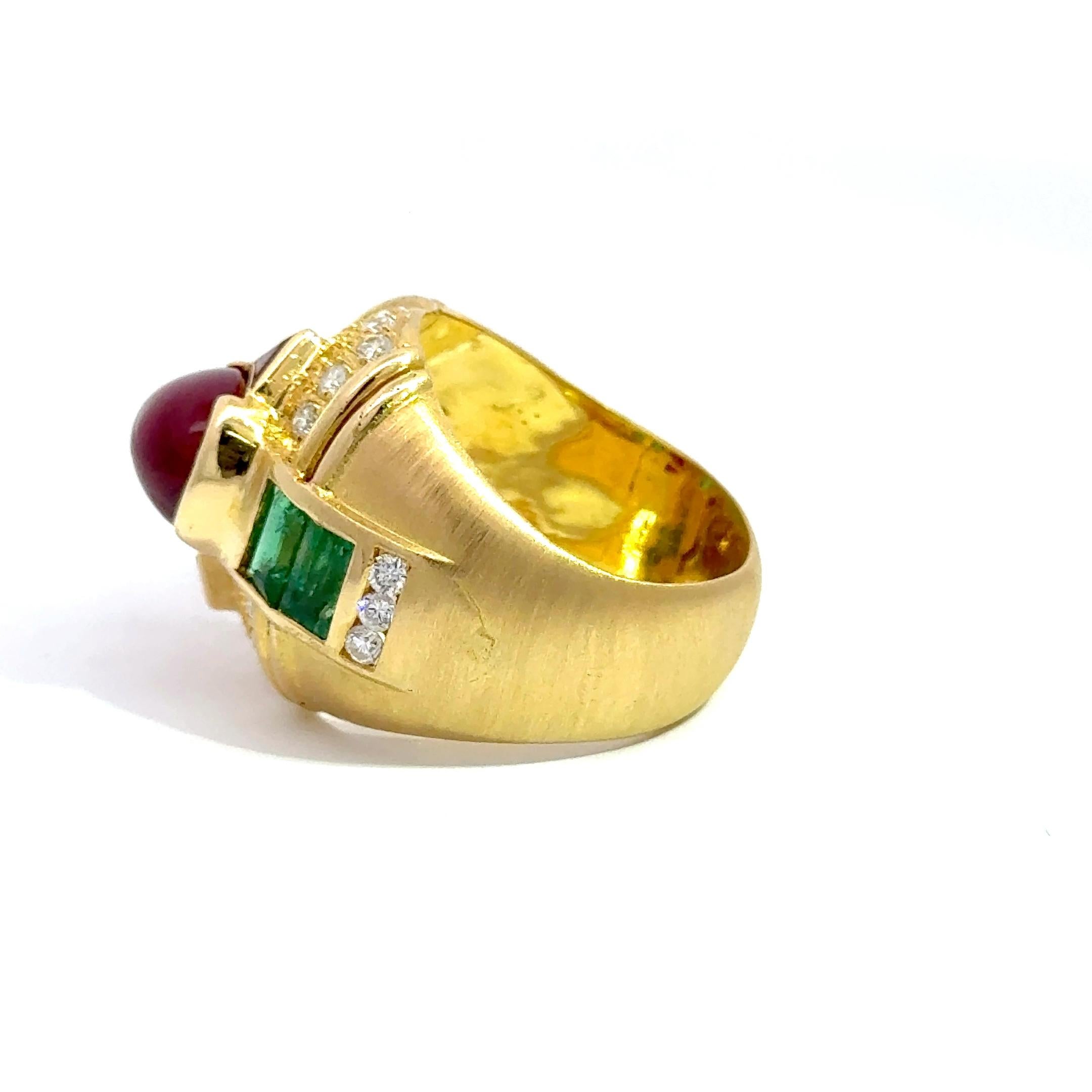 Art Deco Bold 18k Gold Dome Ring with Cabochon Ruby, Emeralds & Diamonds For Sale
