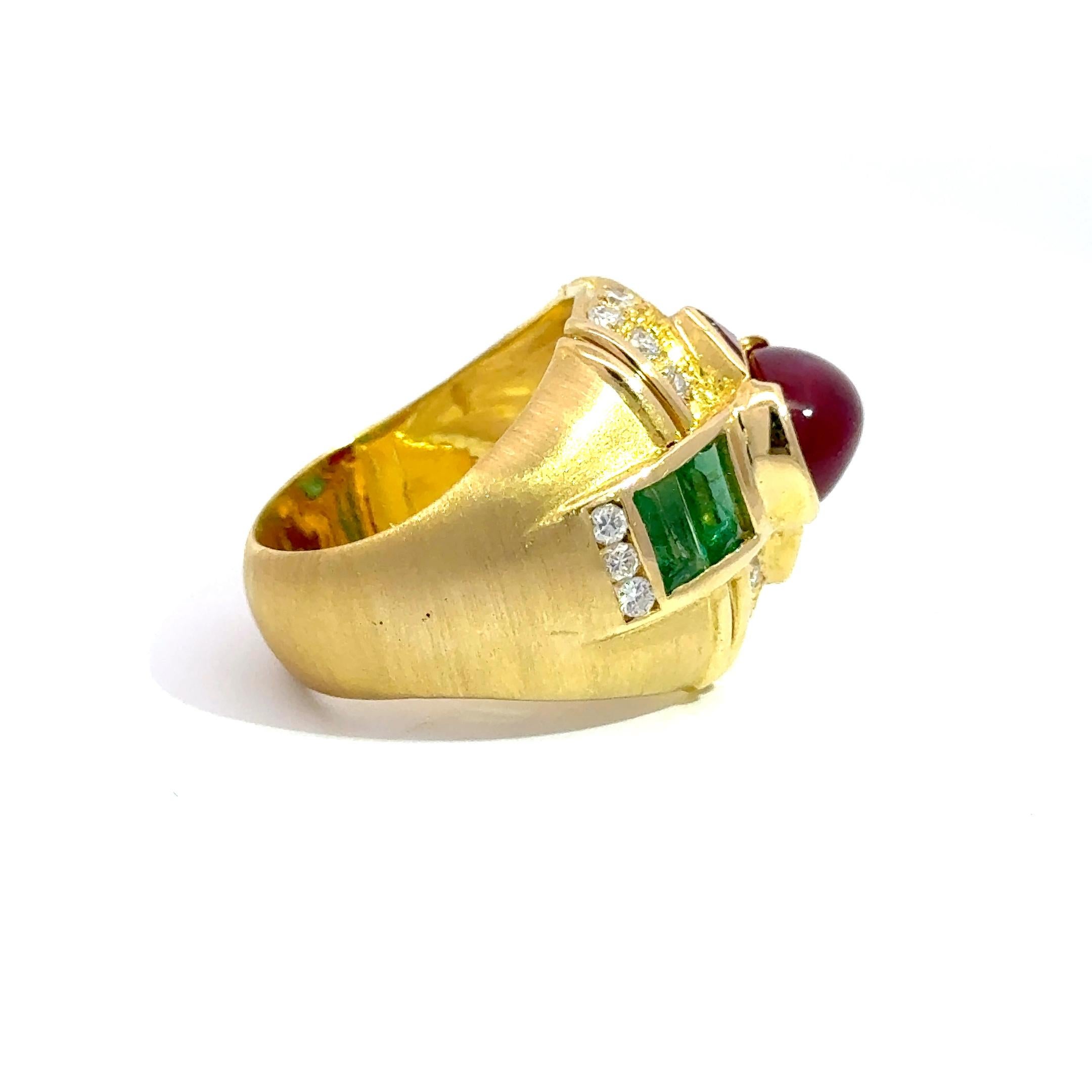 Women's or Men's Bold 18k Gold Dome Ring with Cabochon Ruby, Emeralds & Diamonds For Sale