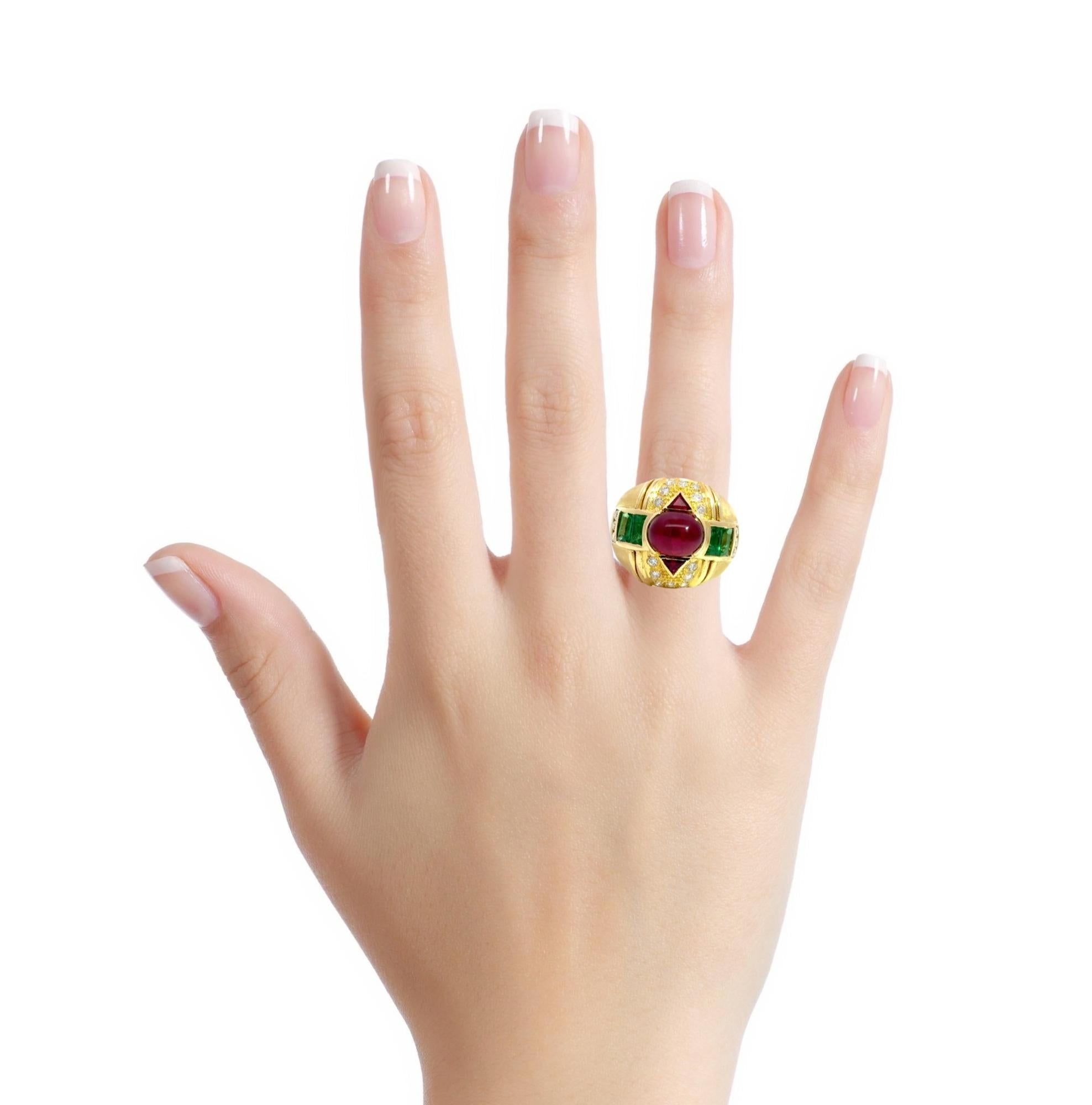 Bold 18k Gold Dome Ring with Cabochon Ruby, Emeralds & Diamonds For Sale 1