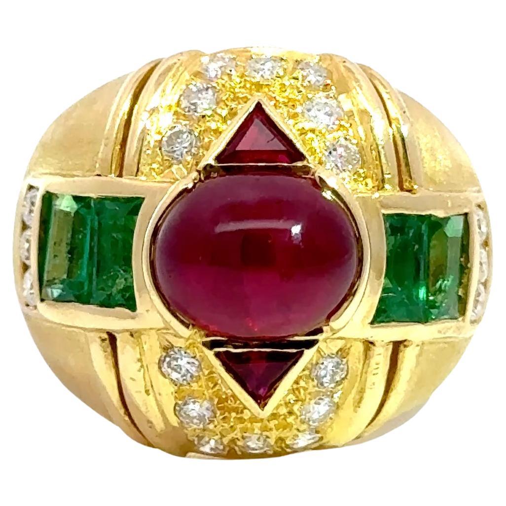 Bold 18k Gold Dome Ring with Cabochon Ruby, Emeralds & Diamonds For Sale