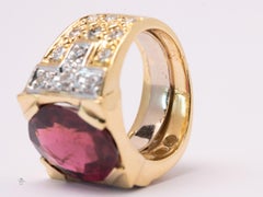Bold 18k Gold Rubelite Diamond Ring 8.5ct Oval Gem Vintage 0.96ct Diamonds